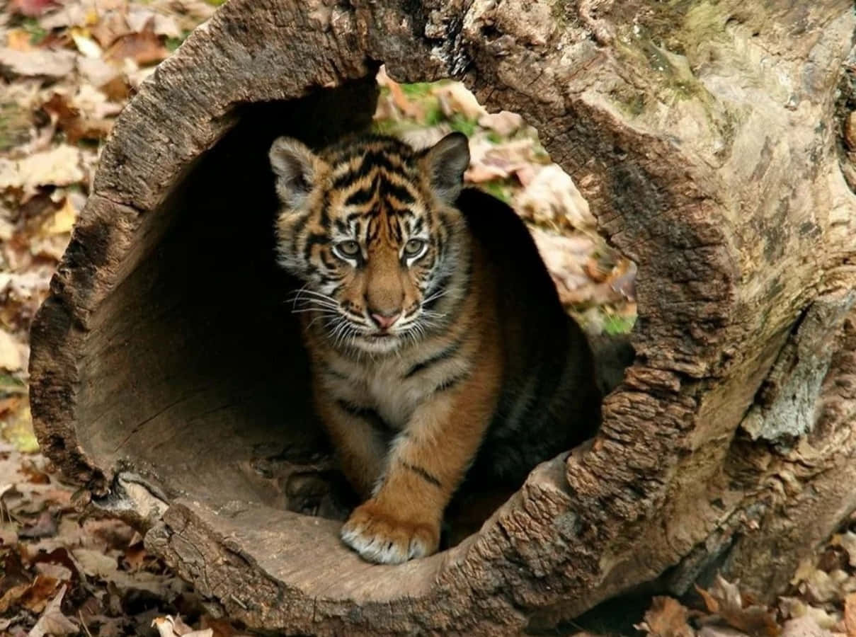 Ensød Og Nysgerrig Babystribet Tiger Set I Naturen.