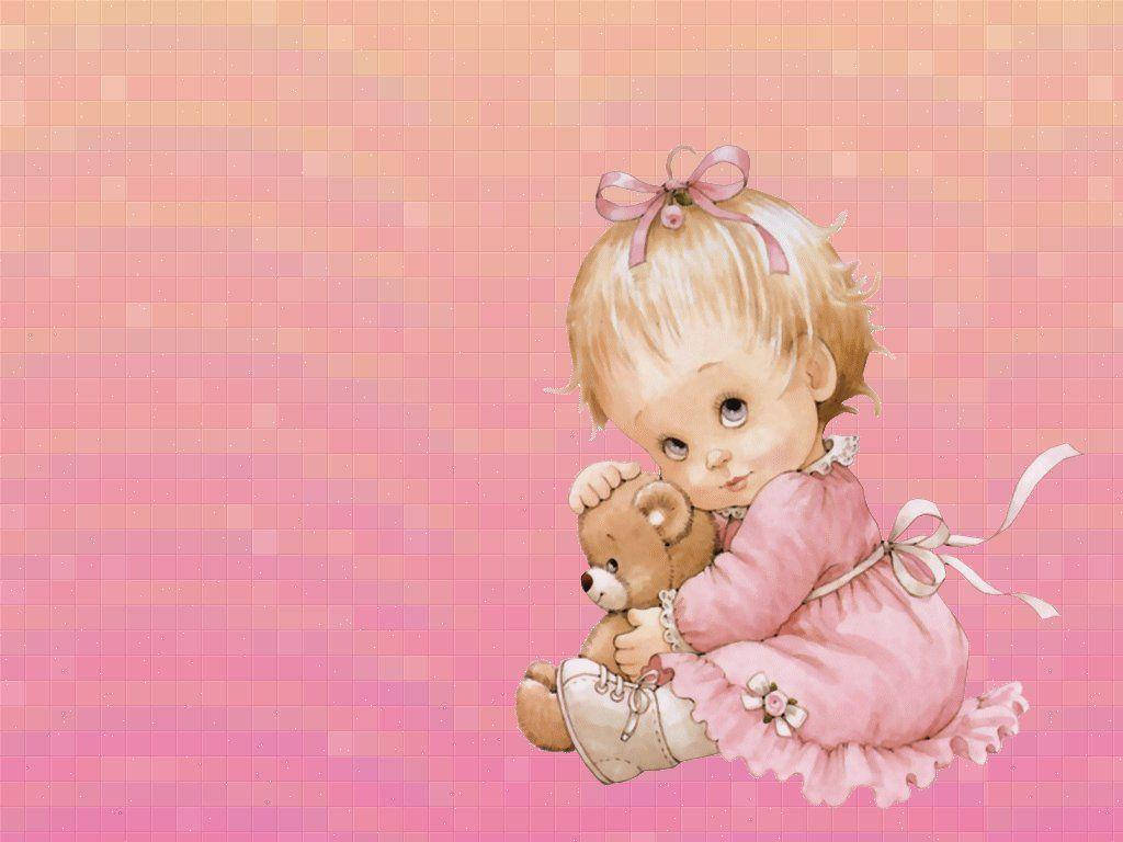 Babymit Niedlichem Teddybär Auf Dem Computer Wallpaper