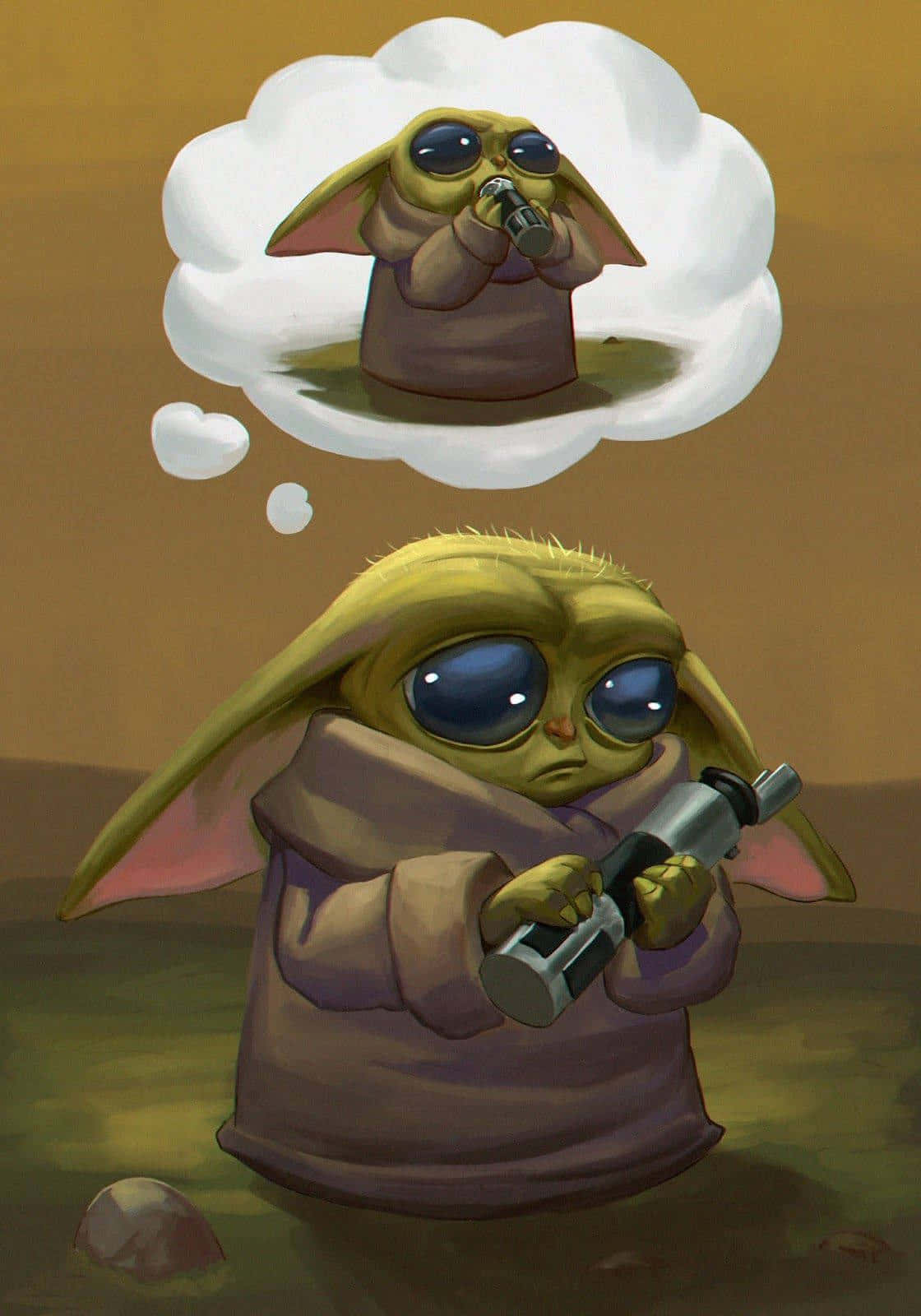 Den lille Yoda holder et gevær og tænker. Wallpaper