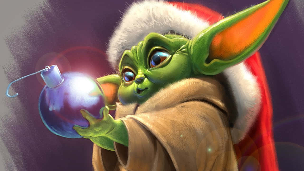 Baby Yoda Nyder Den Festlige Juletid. Wallpaper