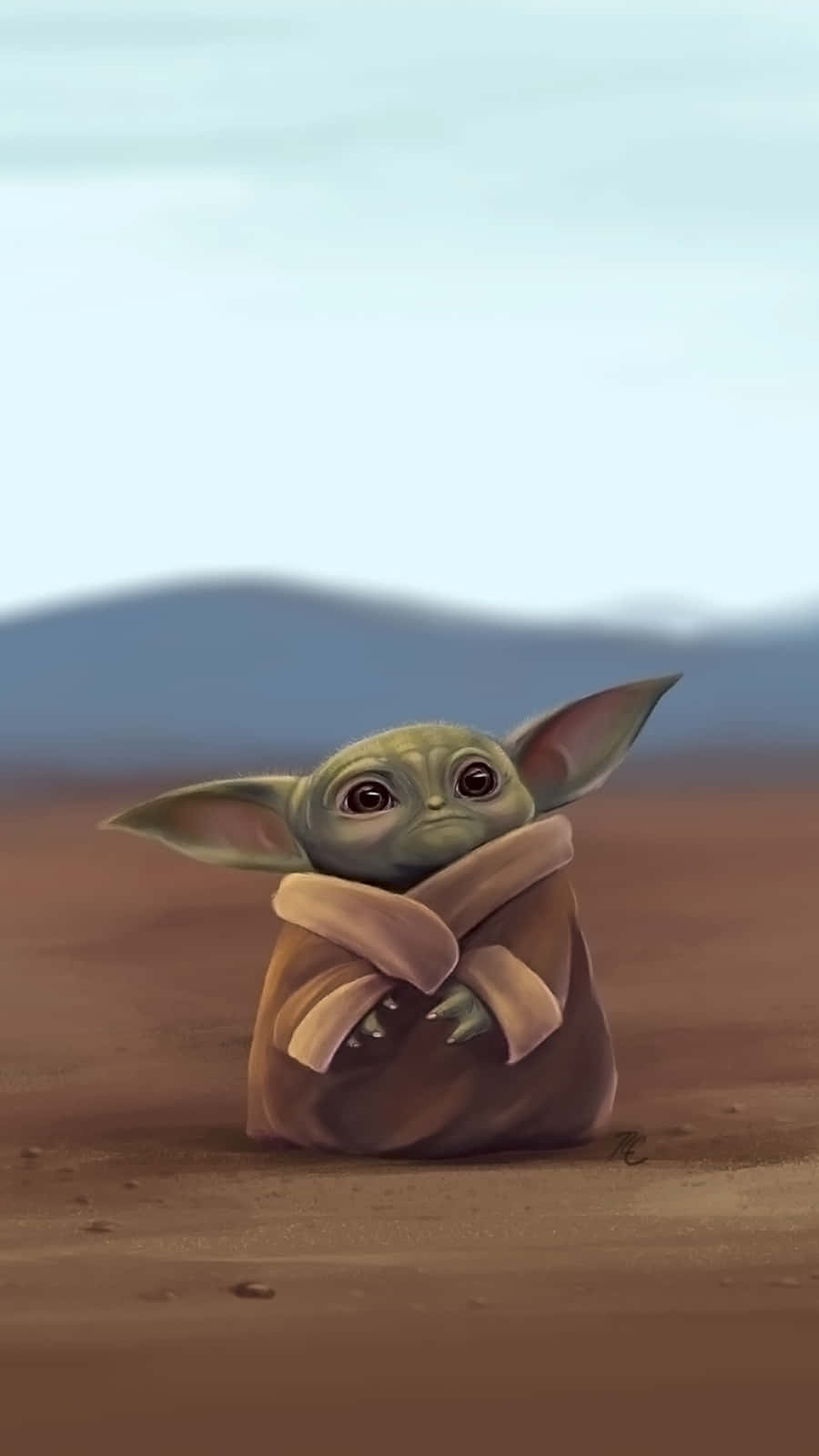 Billede af det lille Baby Yoda, der nyder sig selv med en smart telefon. Wallpaper
