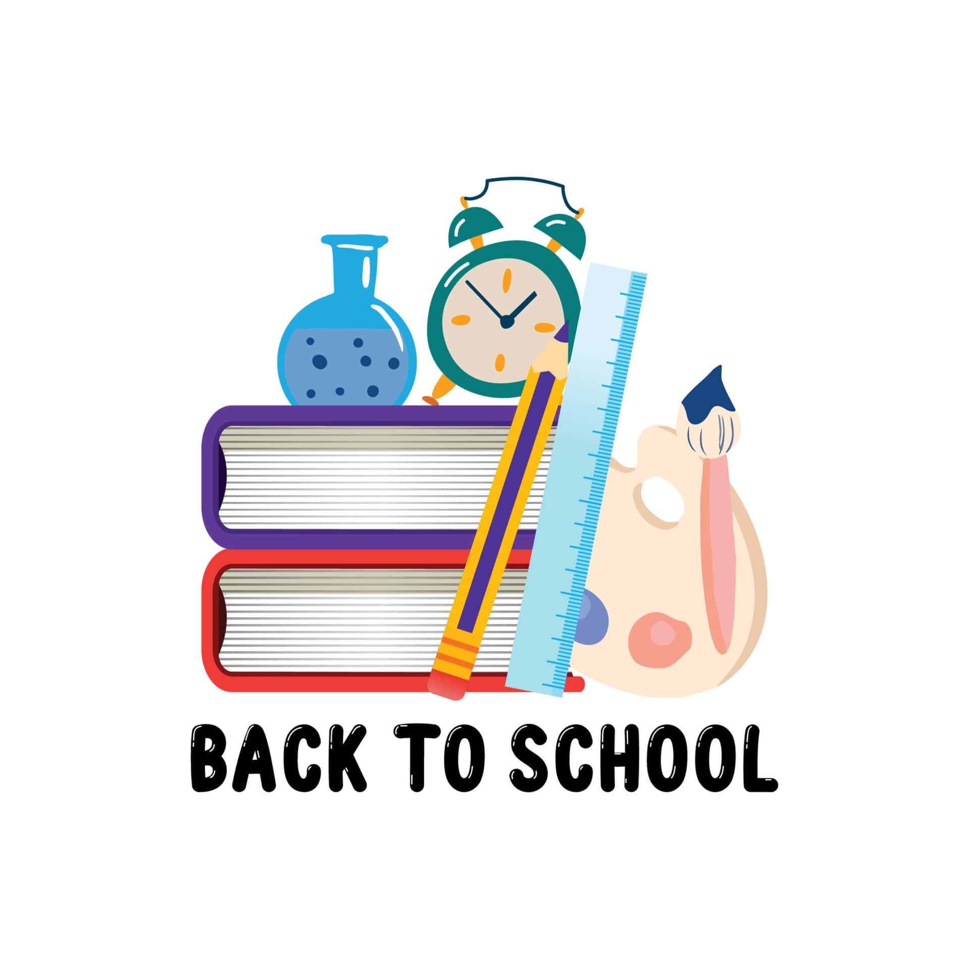Back To School Icons With Books, Pencils, And A Clock