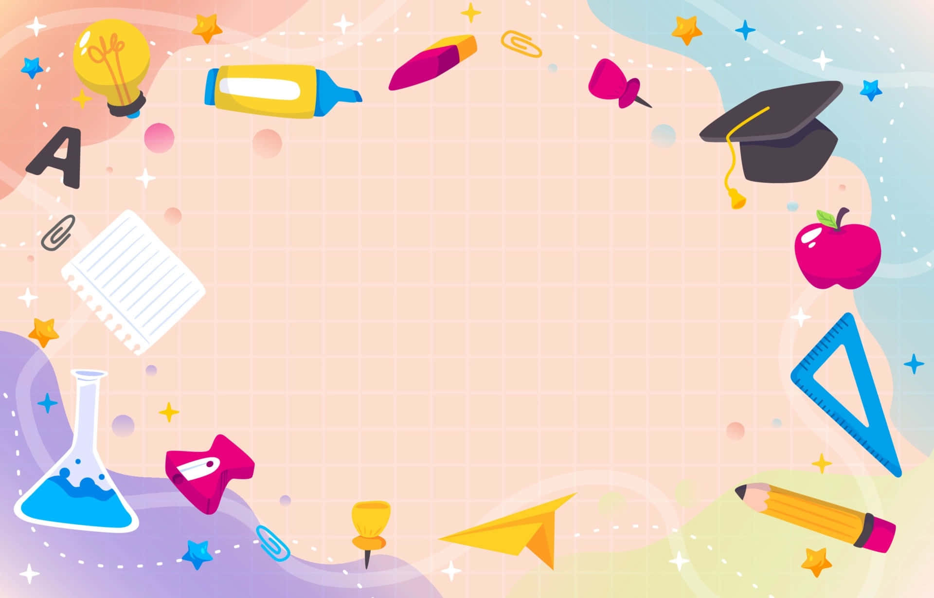 A Colorful Background With School Supplies And A Space For Text