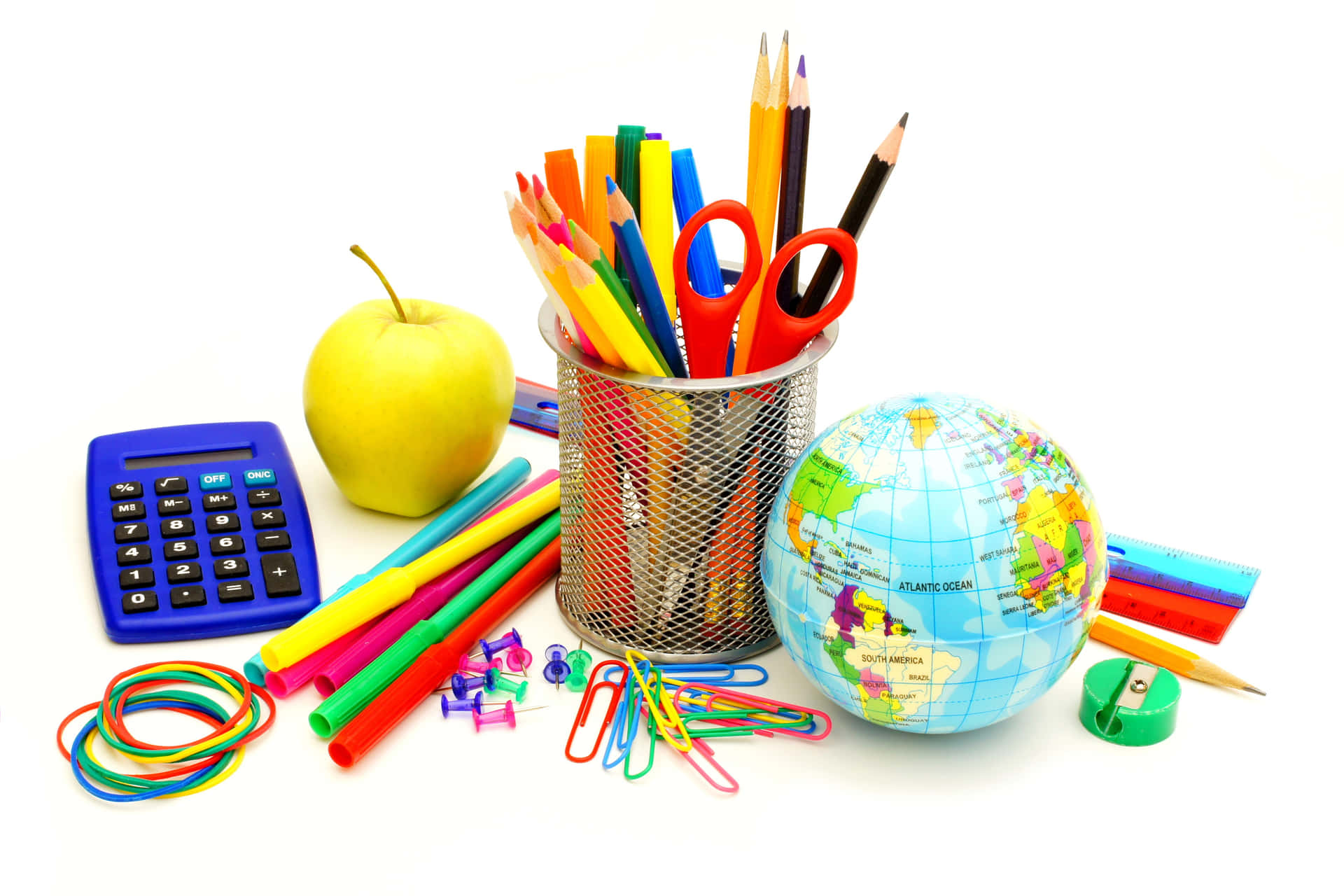 A School Supplies Basket With Pencils, Pens, And A Globe Wallpaper