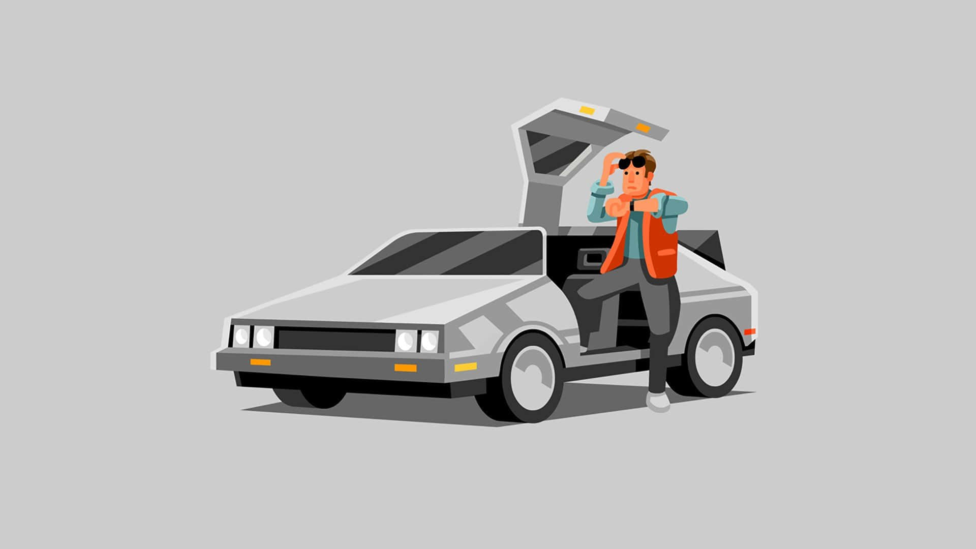 Doc Brown and Marty McFly straddling a DeLorean in Back to the Future