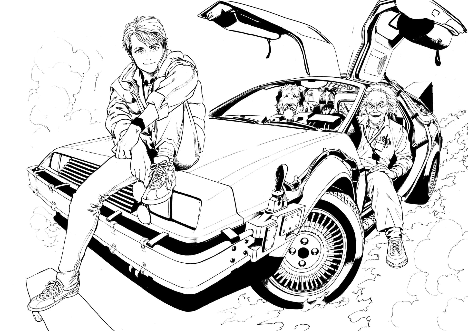 Back To The Future_ Line Art_ Delorean_and_ Characters Wallpaper