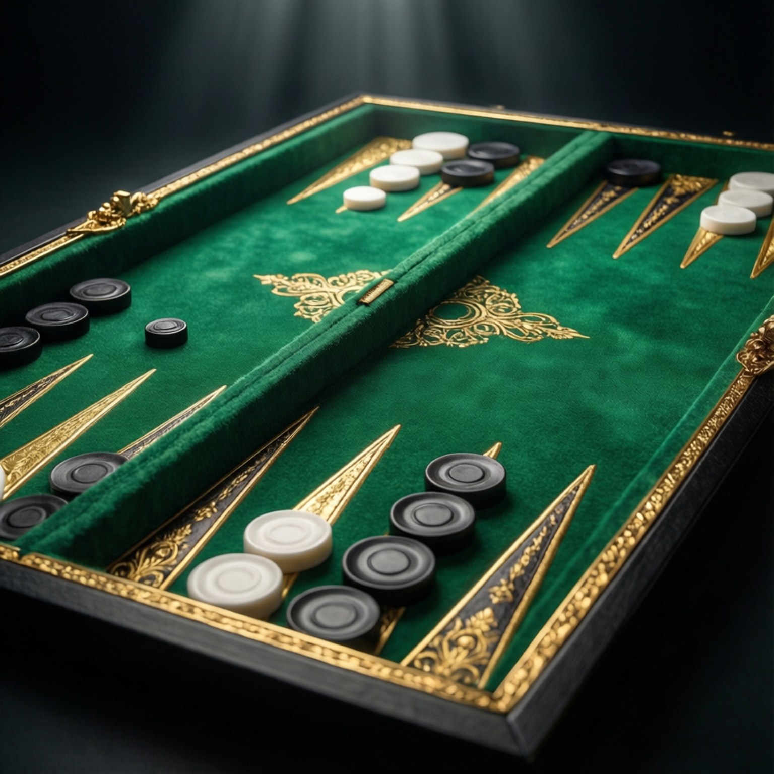 Makrokuva ylellisestä backgammon-laudasta kultaisin yksityiskohdin ja dramaattisella valaistuksella