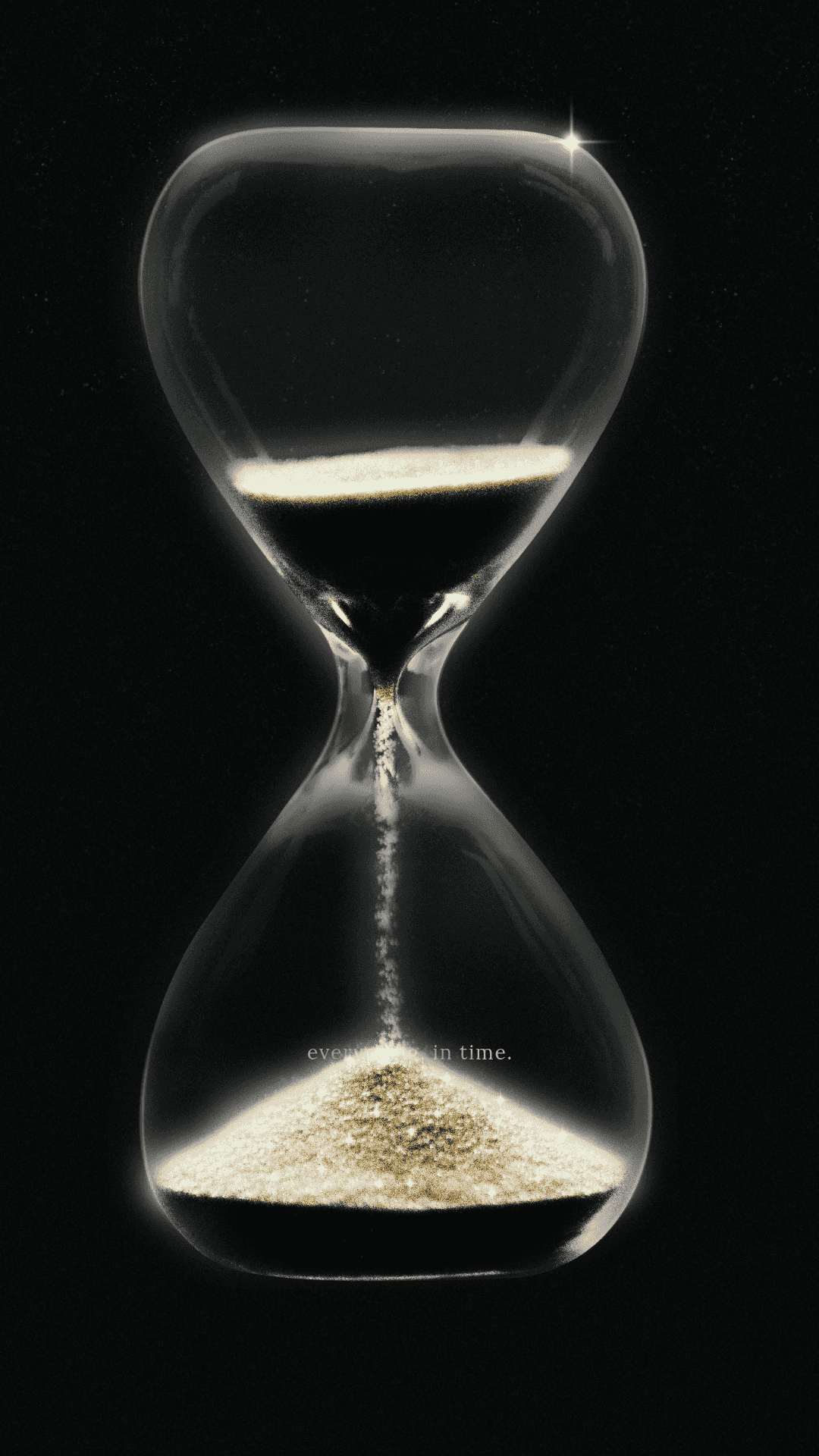 Background PNG — A glowing hourglass against black background with sand flowing downward and text reading 'every second in time'