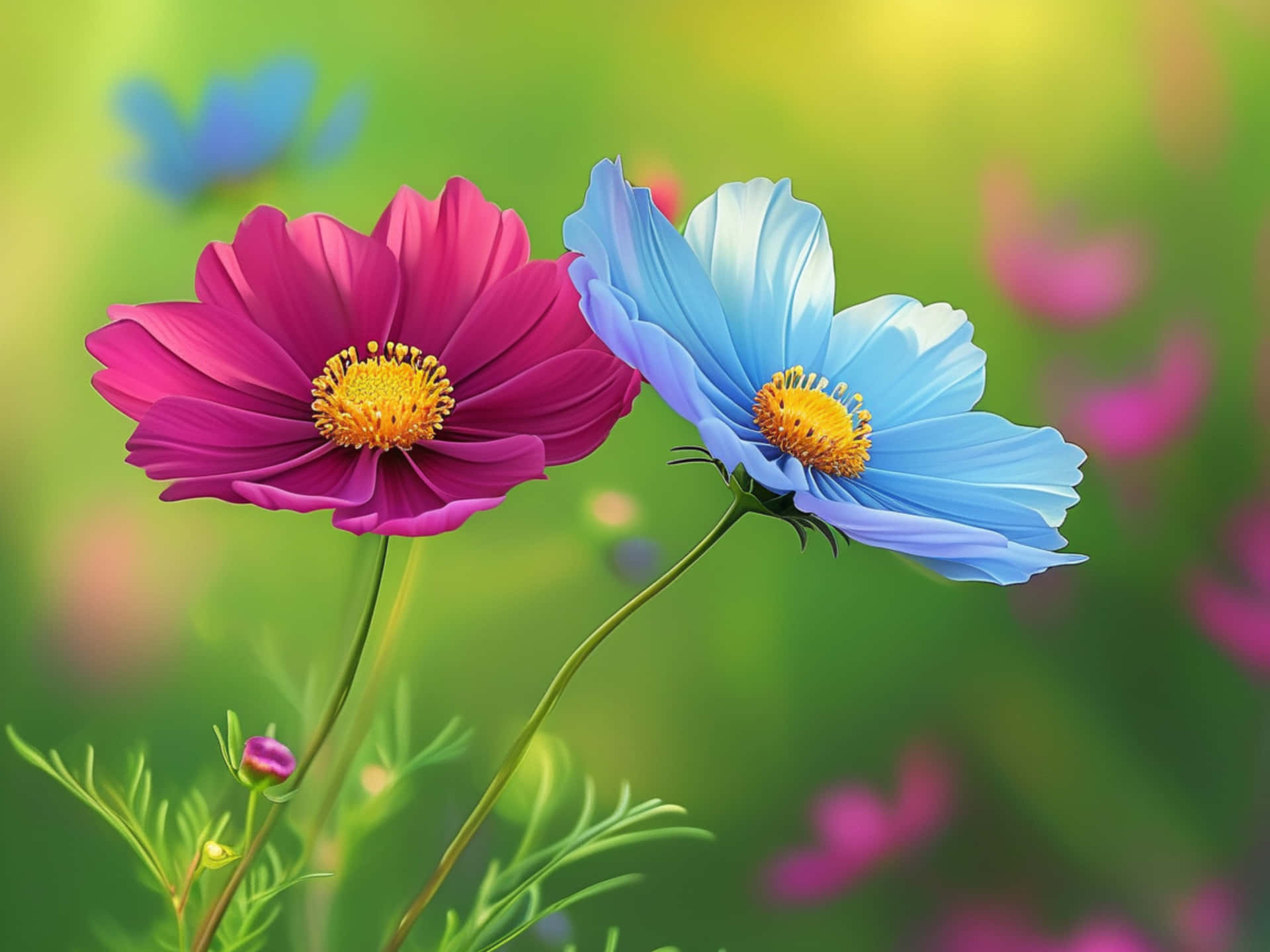 Background With Two Cosmos Flowers, One Blue, One Purple, Bokeh Meadow Behind. Wallpaper Or Wall Art Wallpaper