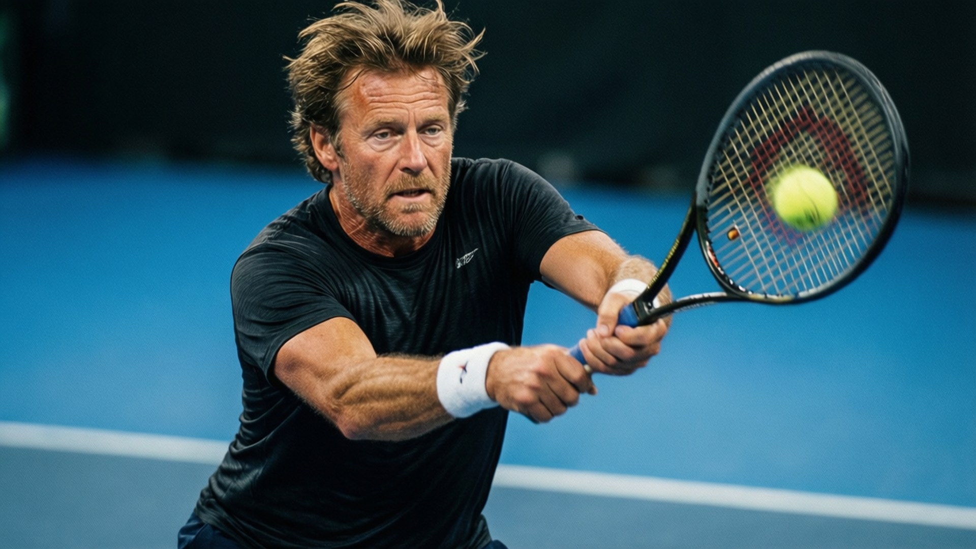 Dynamisk lavvinkelbilde av Stefan Edbergs backhand slice i aksjon med bevegelseslinjer.