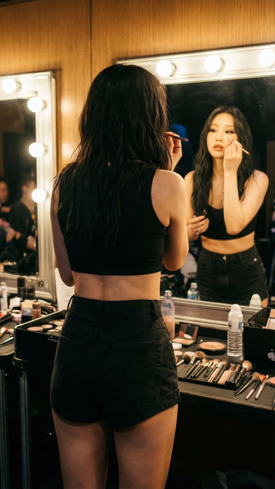 Backstage Glow Wallpaper — A woman in black crop top and shorts applies makeup in a warmly lit dressing room mirror surrounded by beauty products.