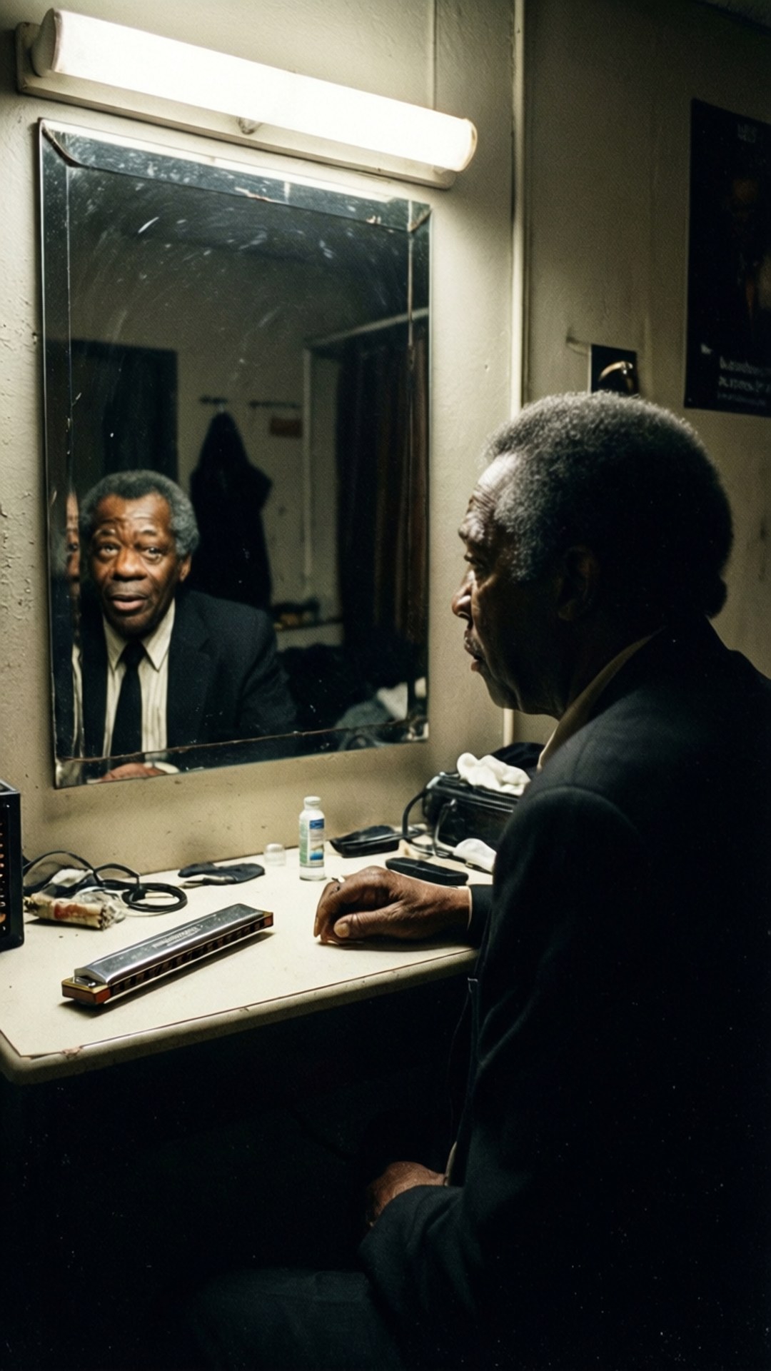 En film noir-stil backstage-scene av Sonny Boy Williamson I ved et sminkebord.