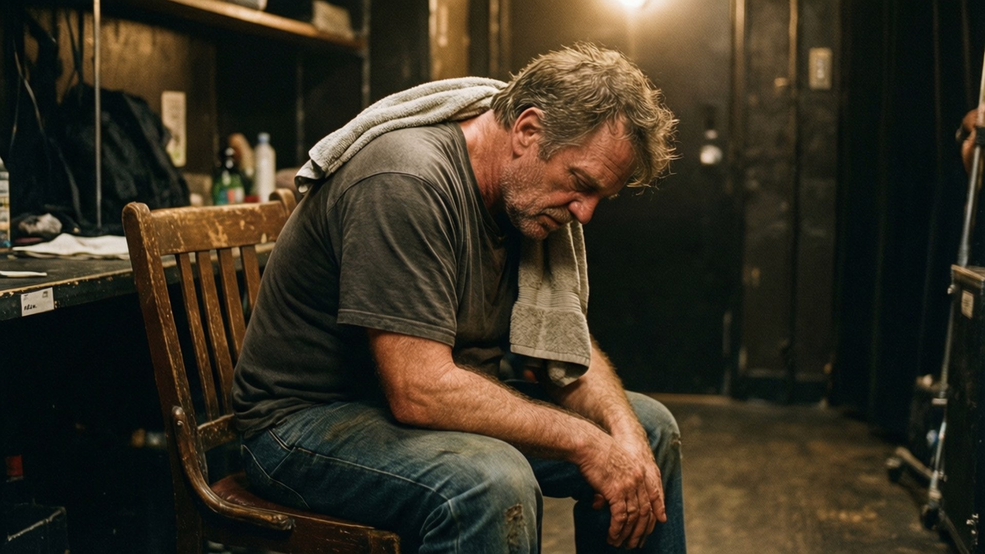 Beschouwend backstage-moment van Killer Kowalski in weinig licht