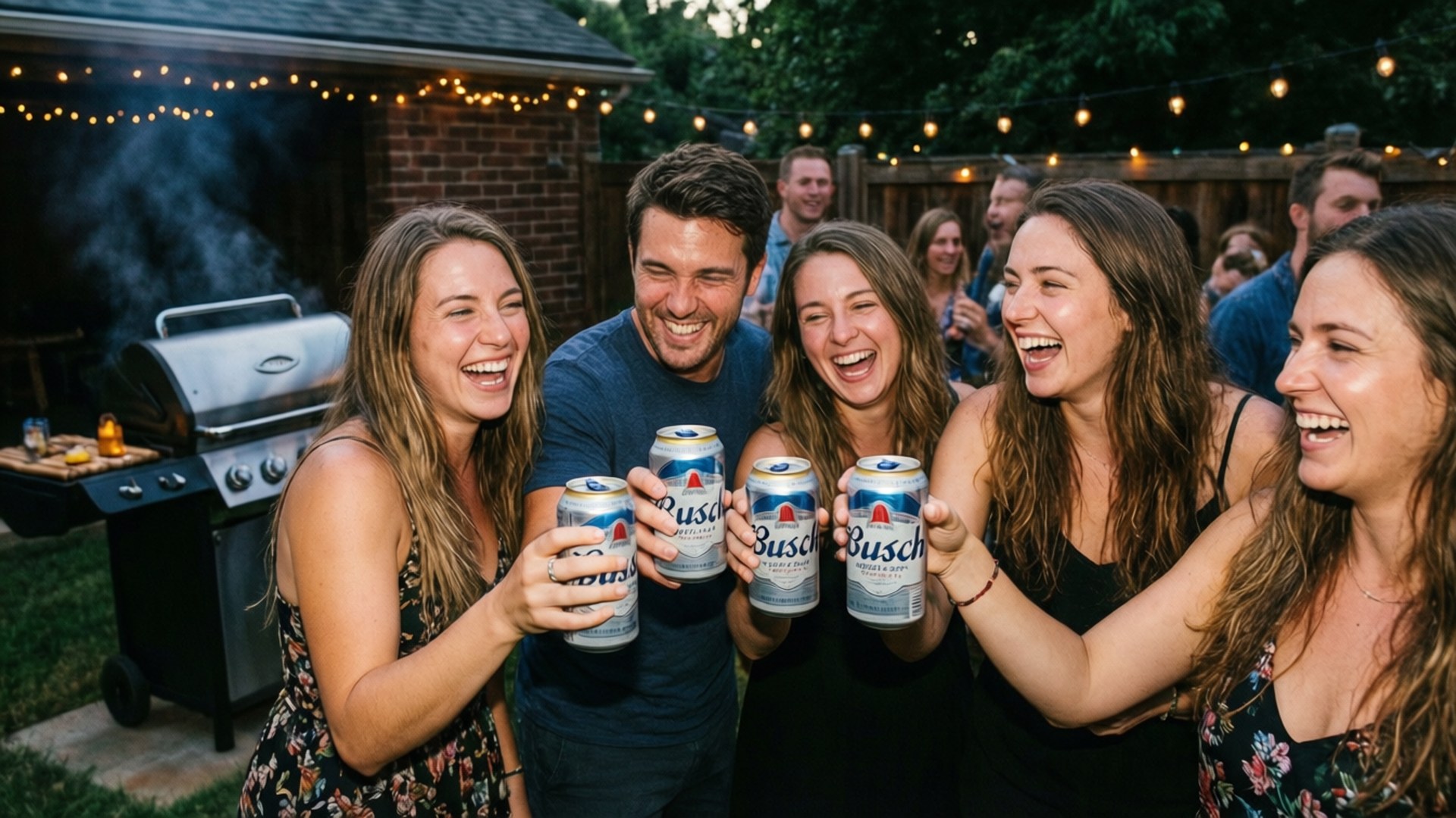 Friends celebrating with Busch Beer cans at a backyard barbecue party.
