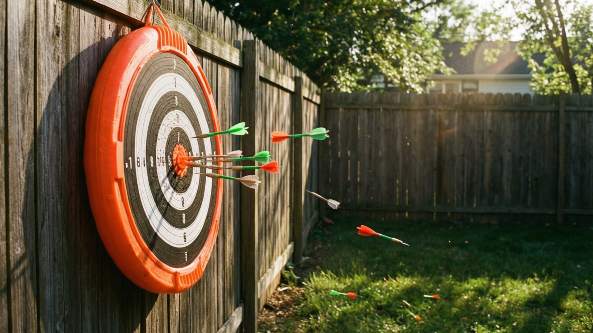 Backyard Nerf Target Practice Wallpaper — An orange plastic target with arrows stuck in it hangs on a wooden fence in a sunlit backyard with green grass and trees.