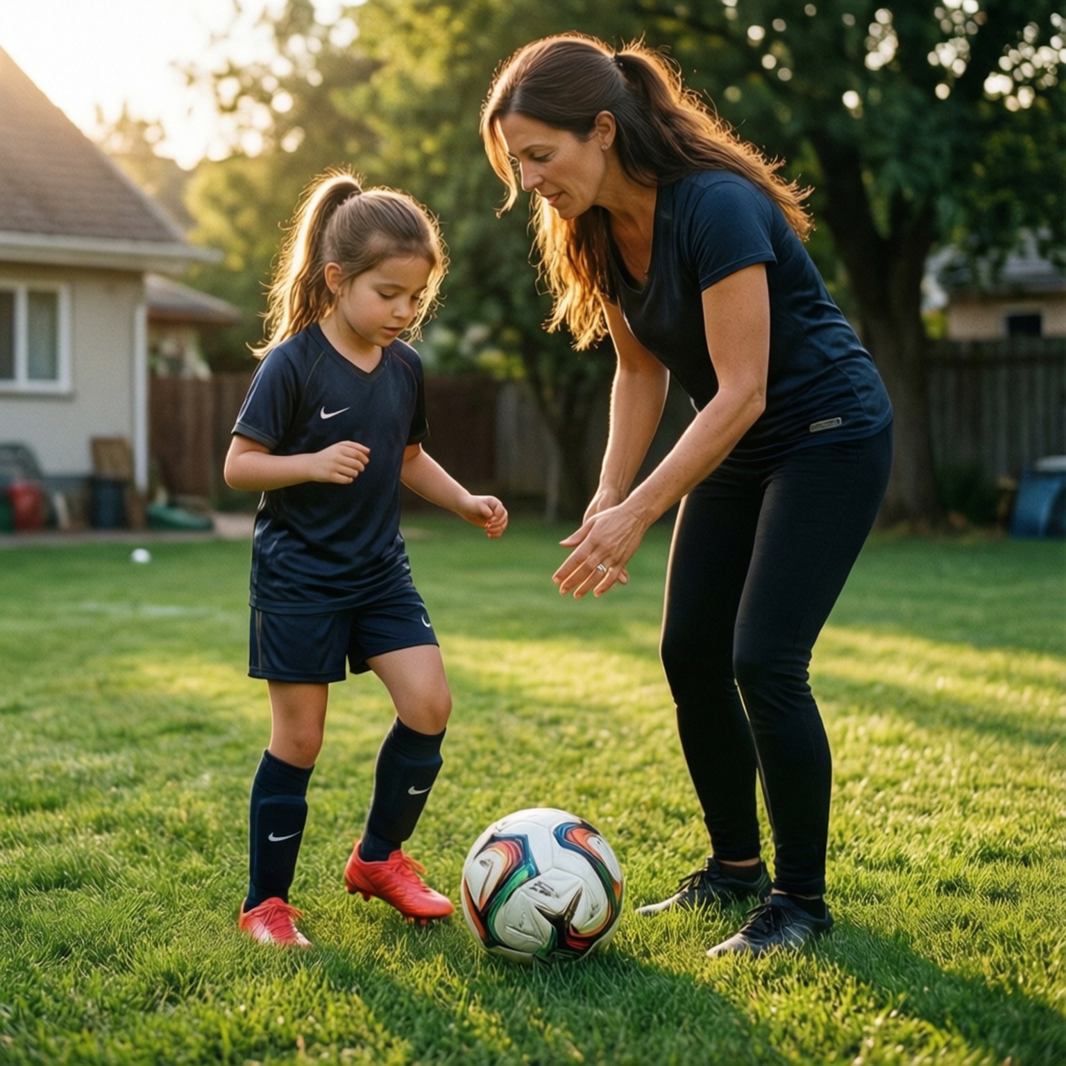 A soccer mom coaching her daughter in backyard drills at golden hour.