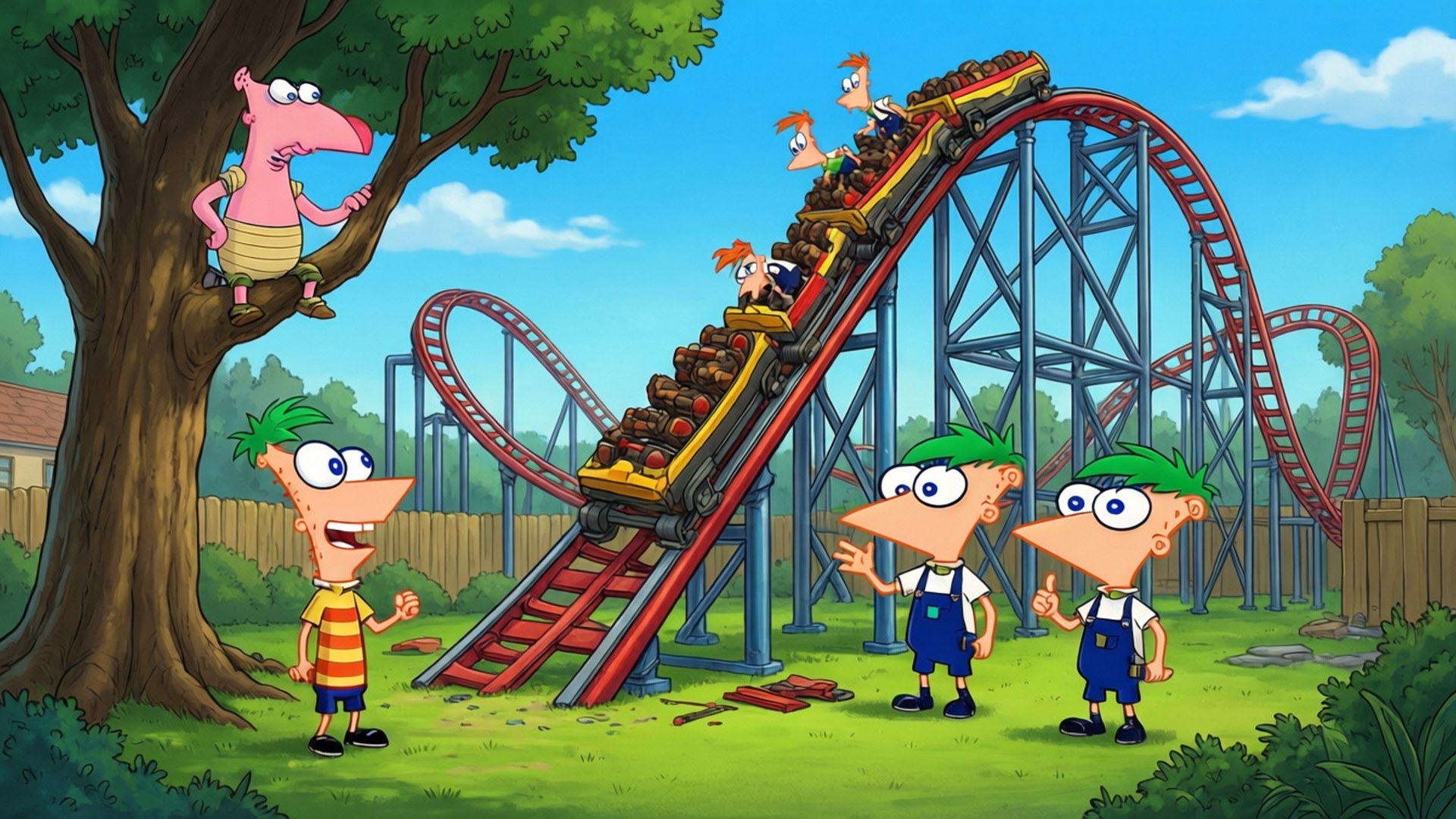 Phineas och Ferb bygger en enorm bergochdalbana på bakgården medan Perry ser på.