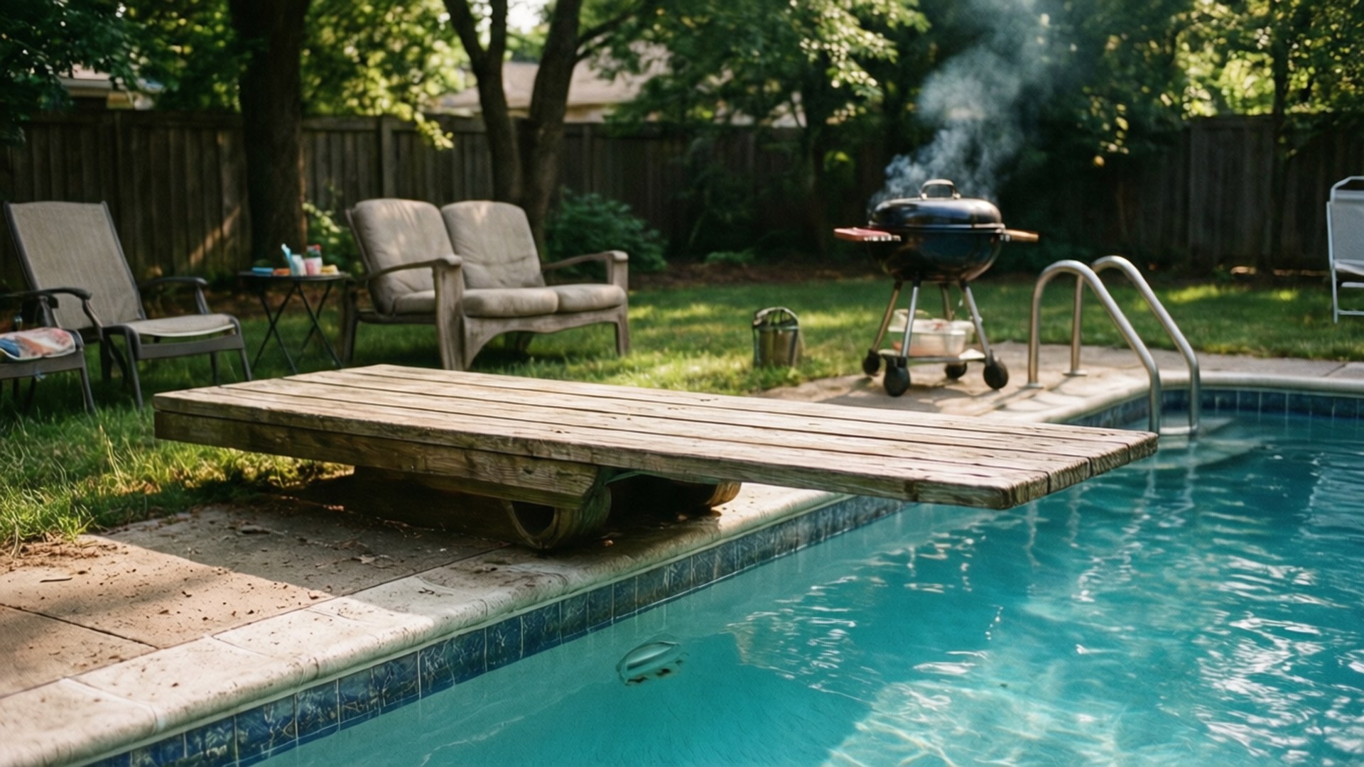 Backyard Summer Dive Bakgrunner — Et trestykkebrett strekker seg over et klart blått svømmebasseng med en rykende grill i nærheten i en solrik bakgård.