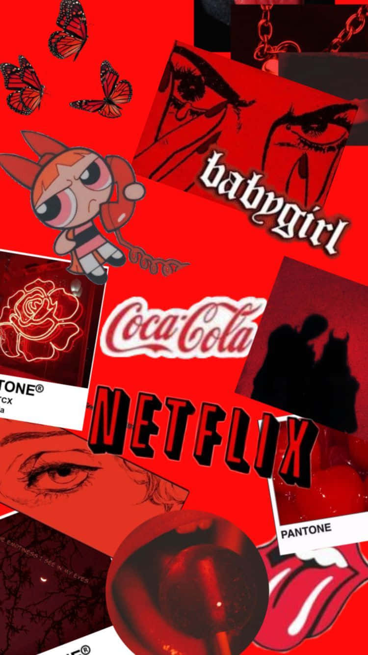 A Red Background With Various Images Of Coca Cola And Netflix Wallpaper