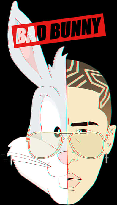 Bad Bunny Half Cartoon Half Real Illustration PNG