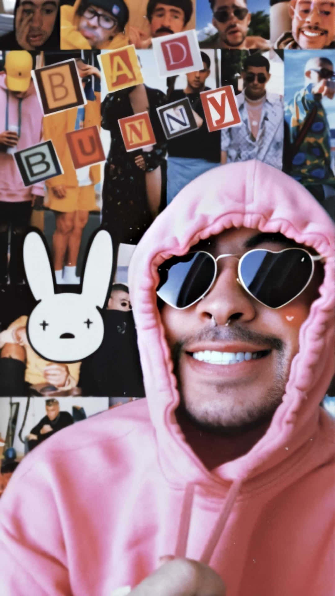 Bad Bunny Pink Hoodie Collage Wallpaper