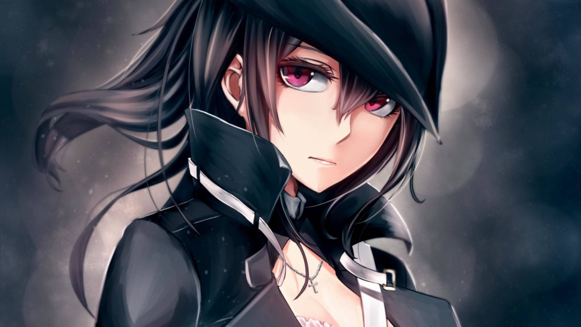 Badass anime girl wearing black leather clothes and a hat wallpaper