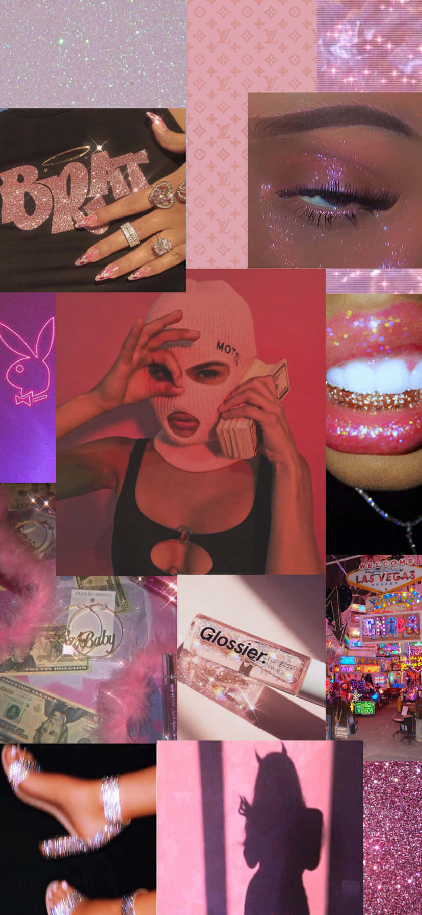 En samling af billeder af personer med lyserøde makeup designs Wallpaper