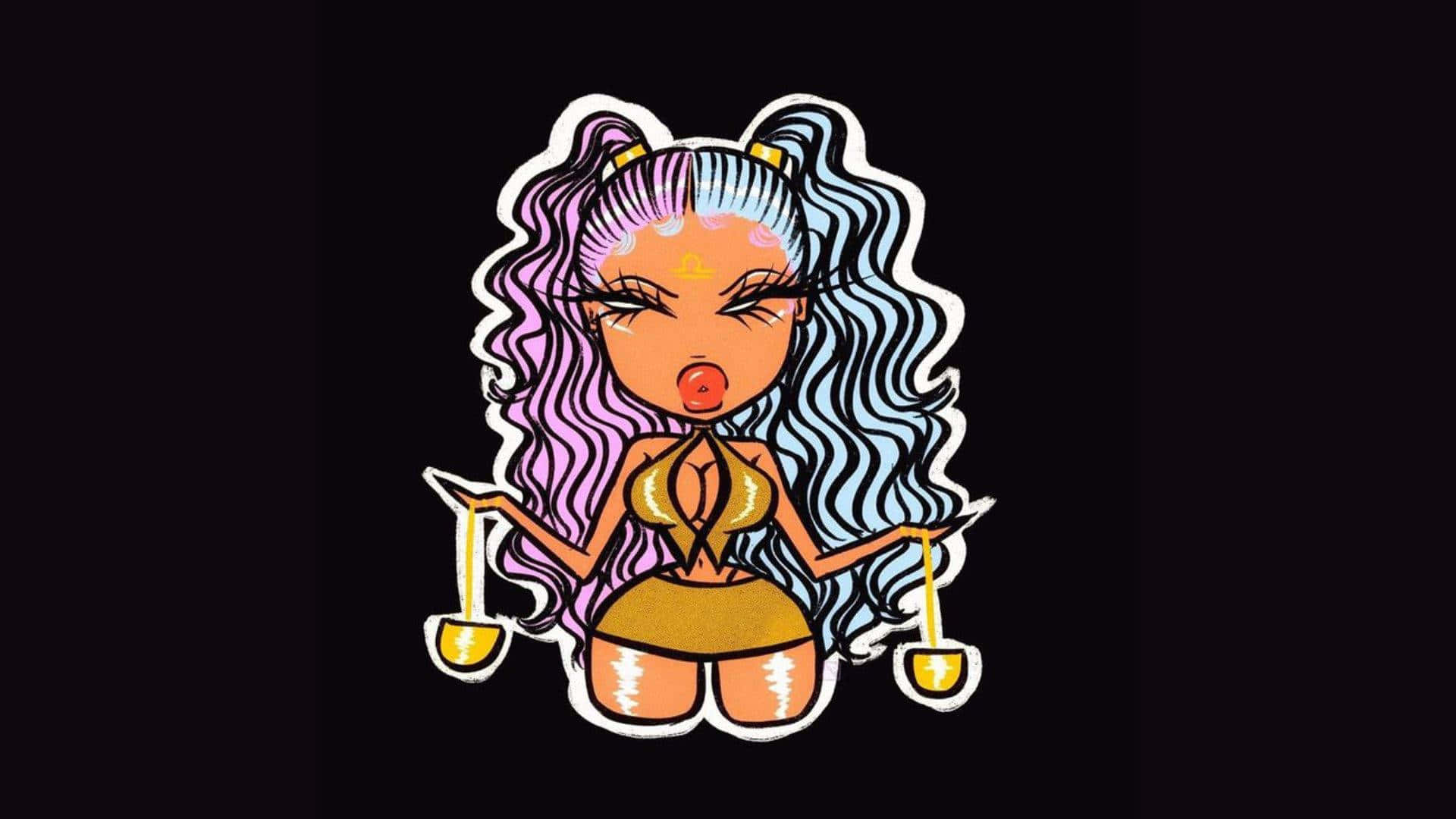 A Sticker With A Girl With Long Hair And Blue Hair