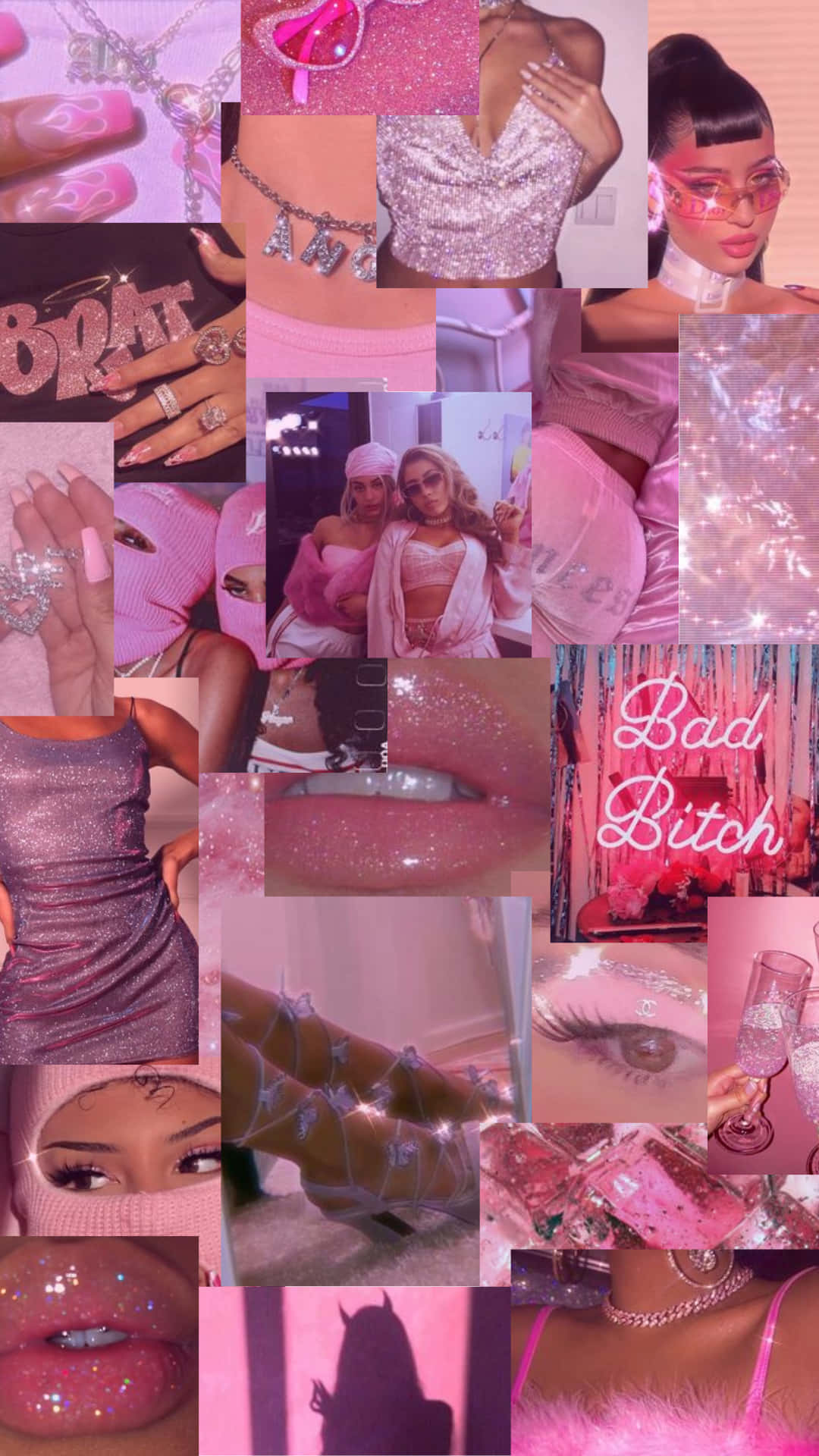 A Collage Of Pink Pictures With Various Items Wallpaper
