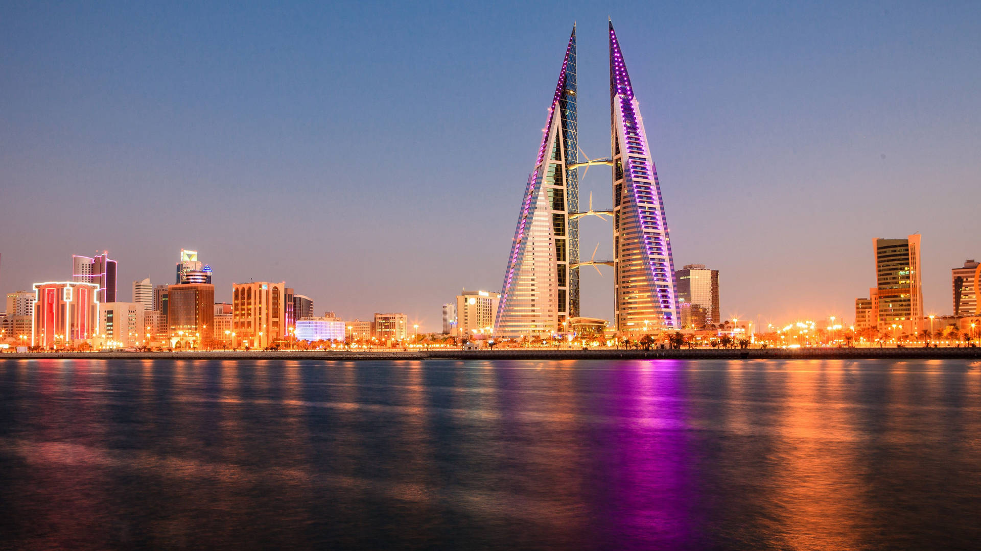 Bahrain Purple Lights Night Ocean Wallpaper