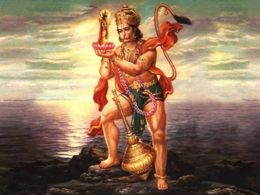 Raffigurazionein Alta Definizione Di Lord Hanuman Del Bajrang Dal Che Tiene Un Fiore Di Loto Sfondo
