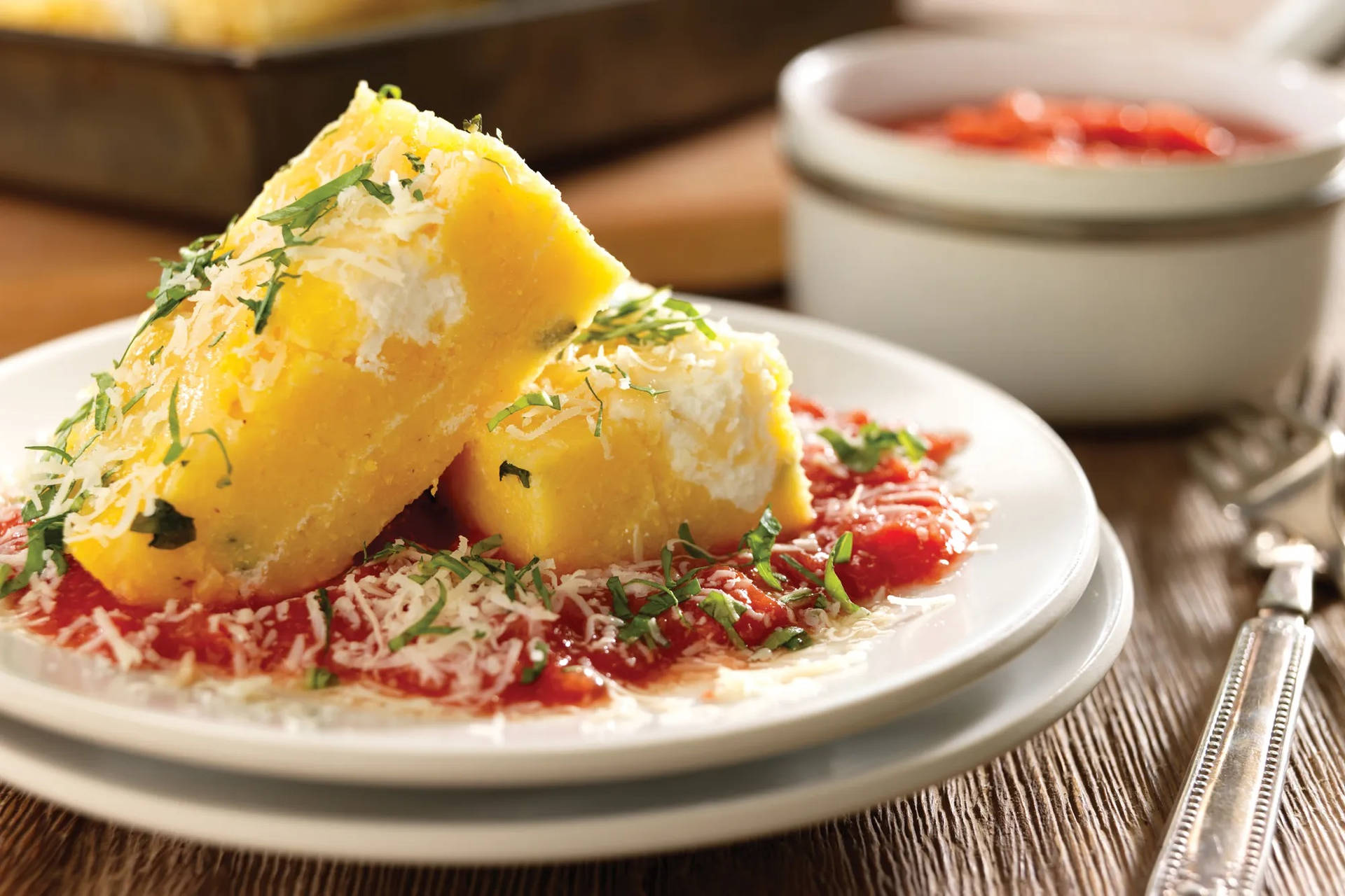 Baked Polenta Cakes With Tomato Sauce And Ricotta Wallpaper