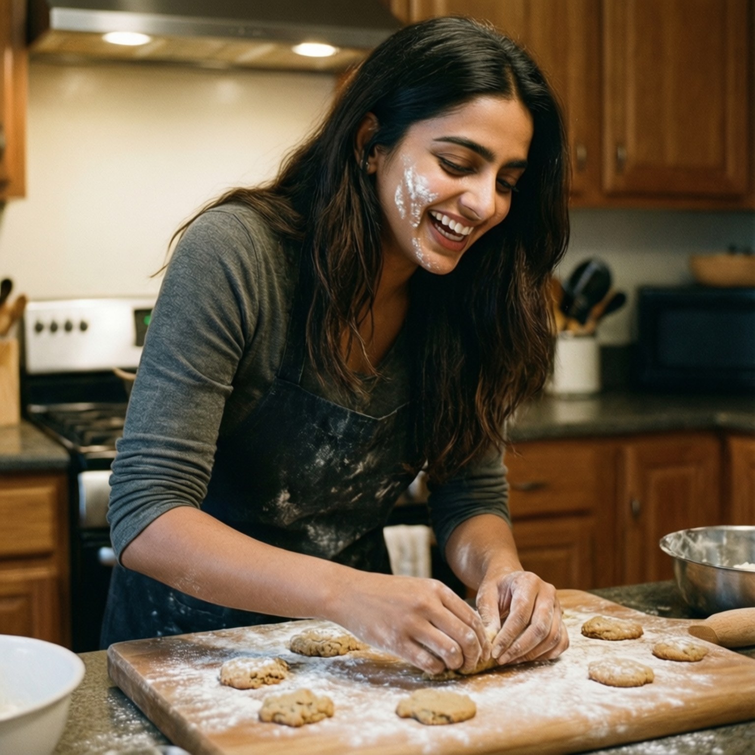 Alia Bhatt baking cookies, flour on her face, laughing in a cozy kitchen. wallpaper