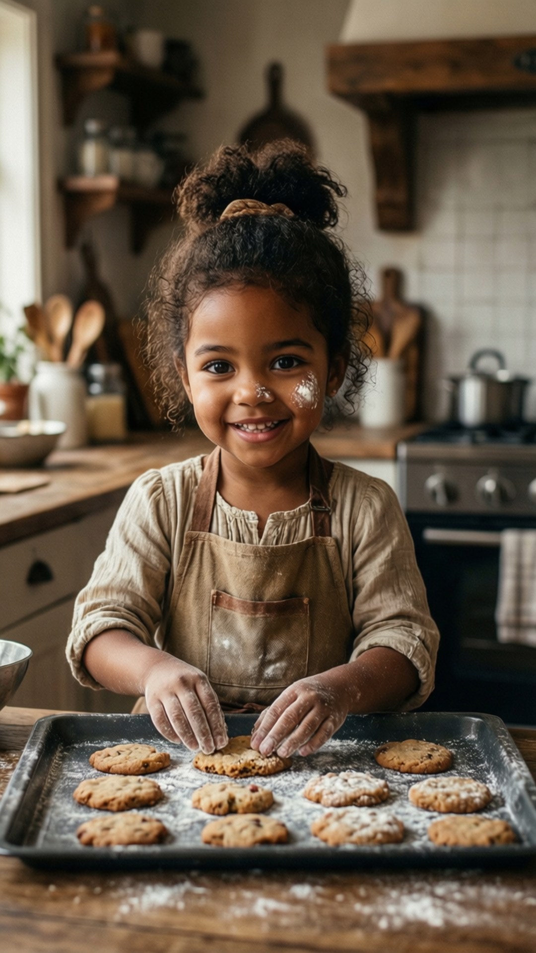 Een hartverwarmende scène van een schattig zwart meisje dat koekjes bakt.