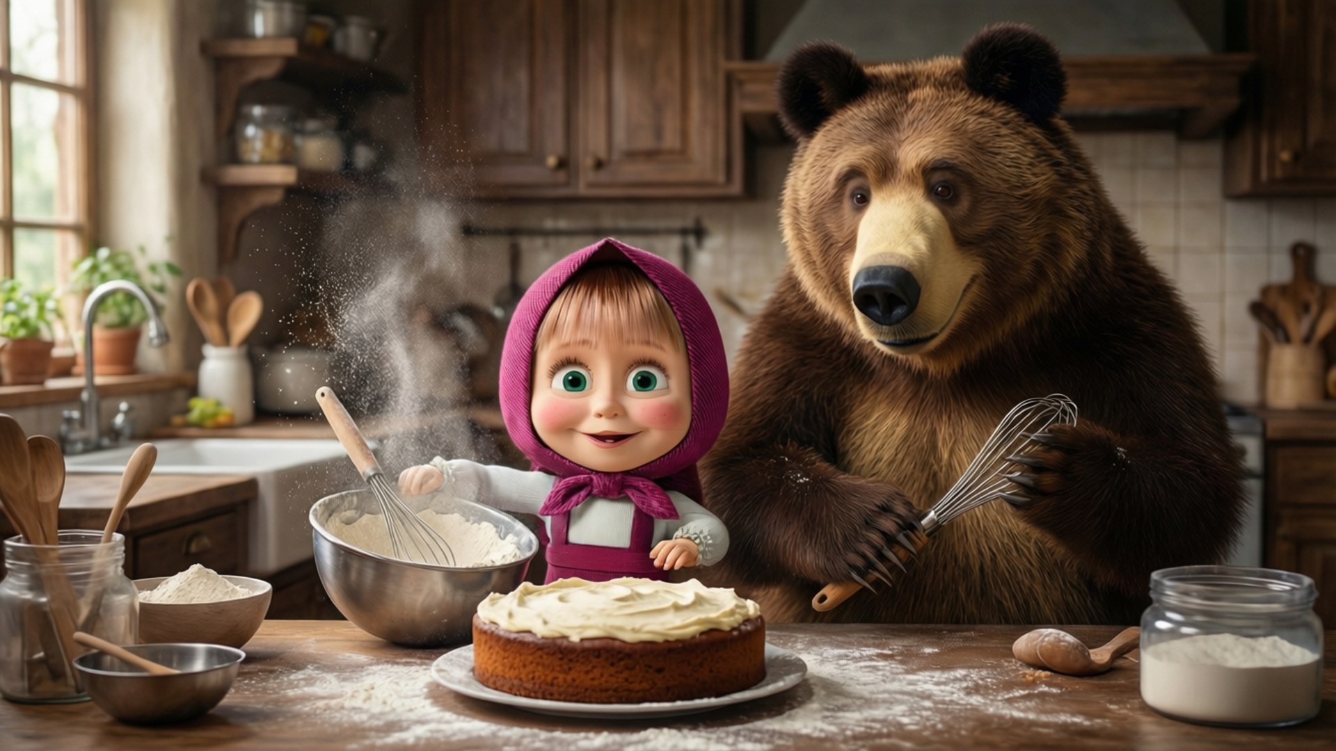 Masha and the Bear bake a delicious cake in a warm kitchen.