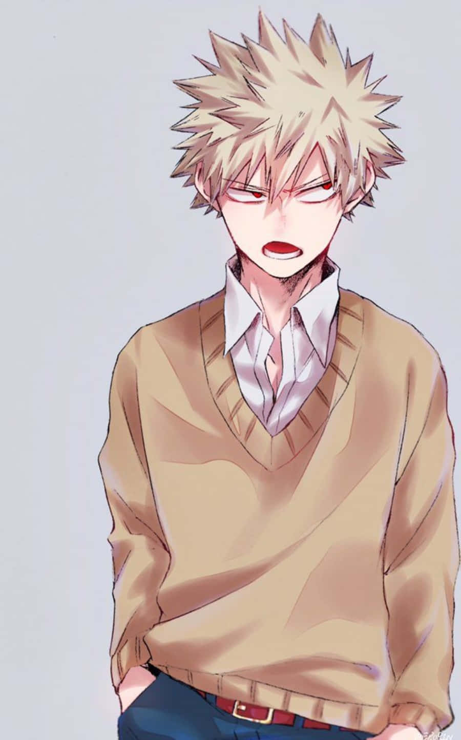 En dreng med blondt hår og en sweater.