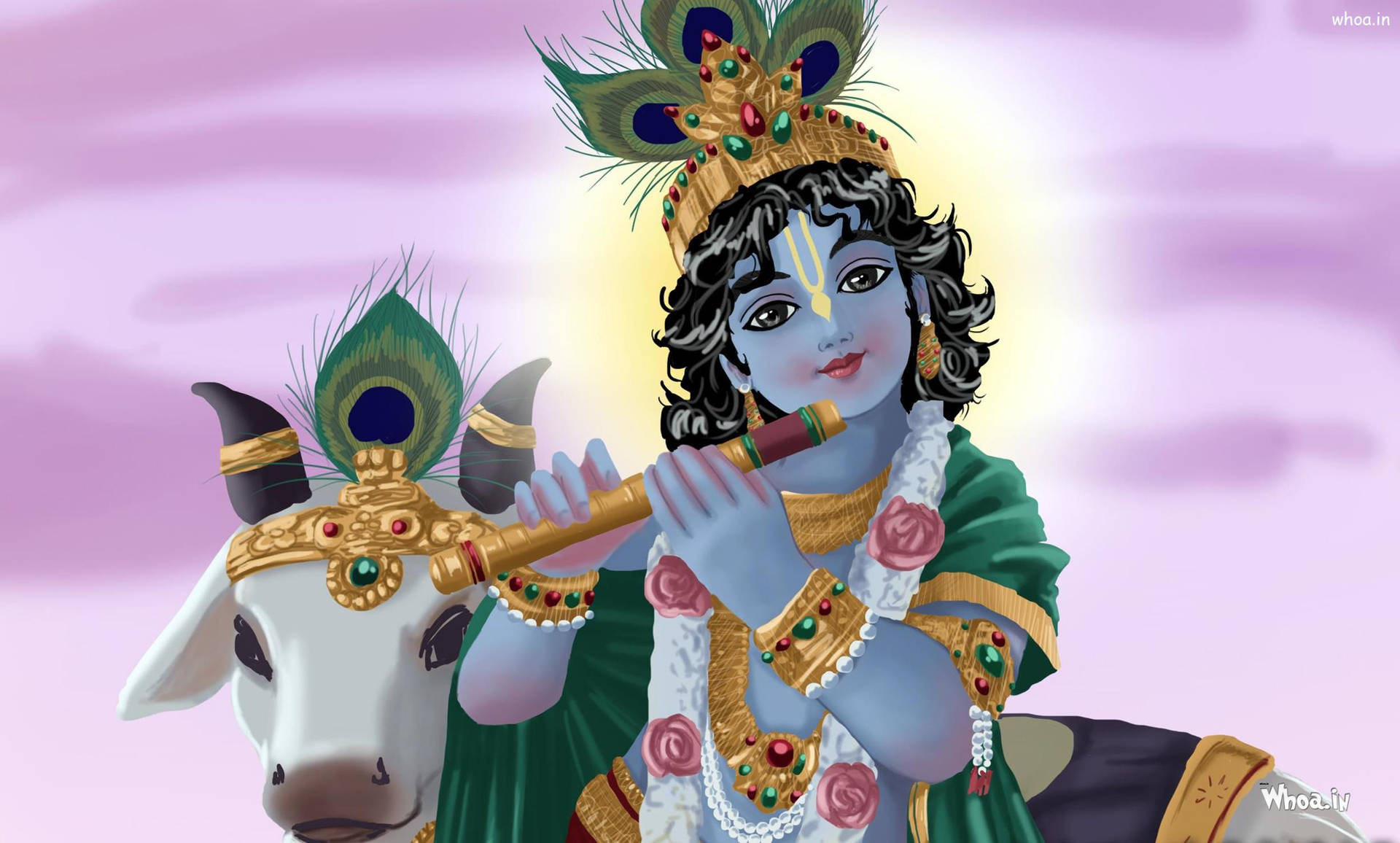 Bal Krishna Disegno Con Una Mucca Bianca Sfondo