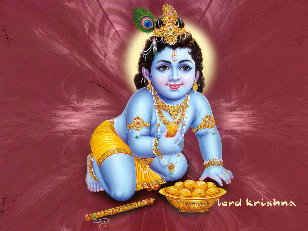 Bal Krishna med en Kadamba Frugt Wallpaper