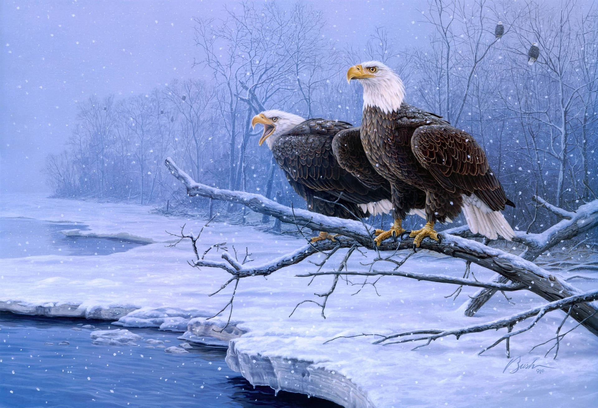 A Majestic Bald Eagle Perched by the Snowy River Wallpaper