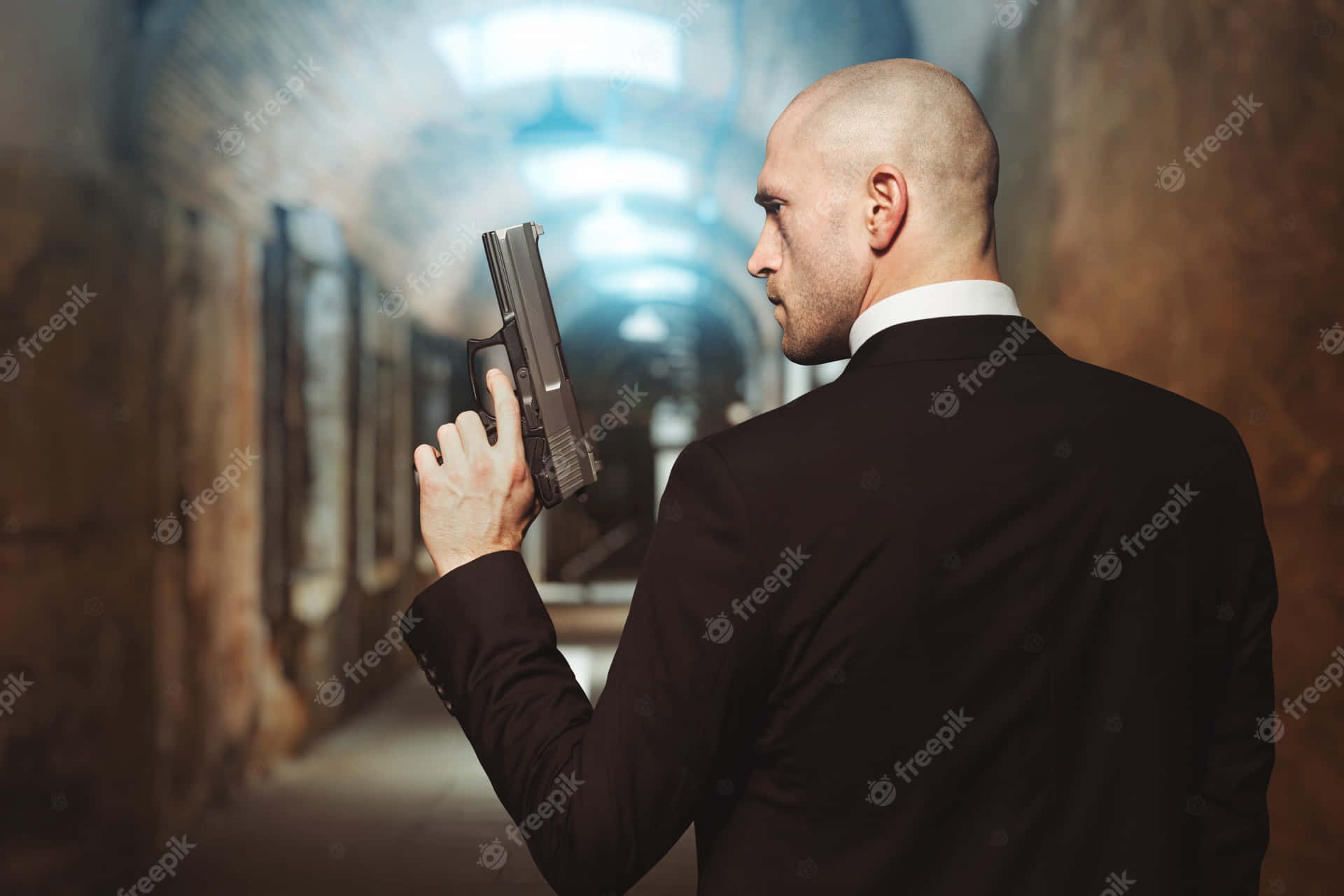 Bald Manin Suit Holding Gun Wallpaper