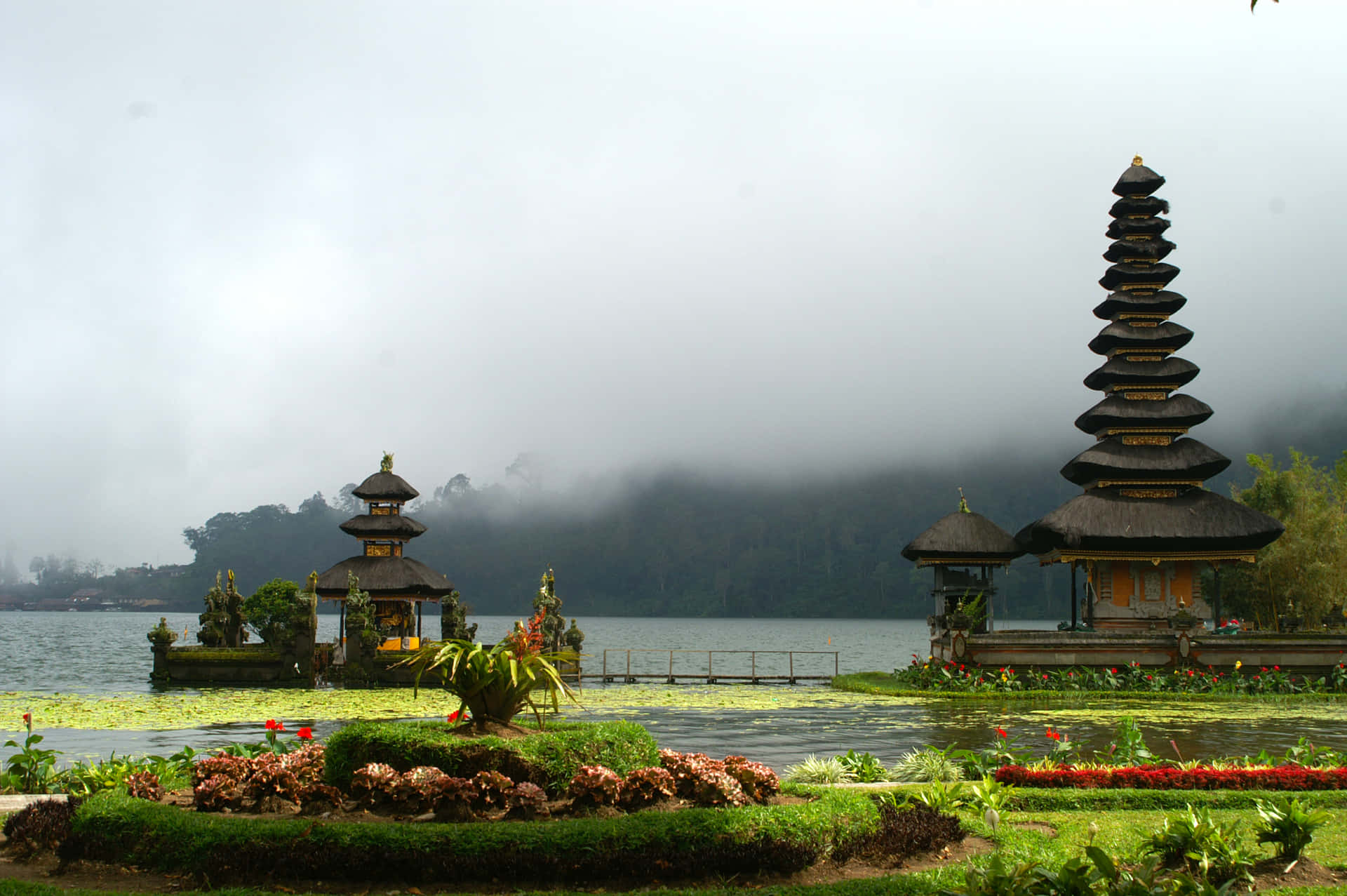 A Large Lake With A Temple