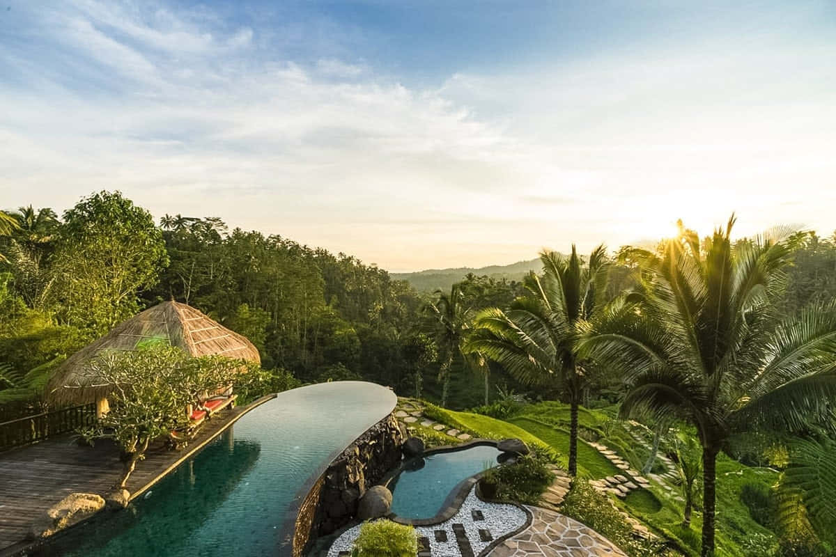A Pool Overlooking A Lush Green Landscape