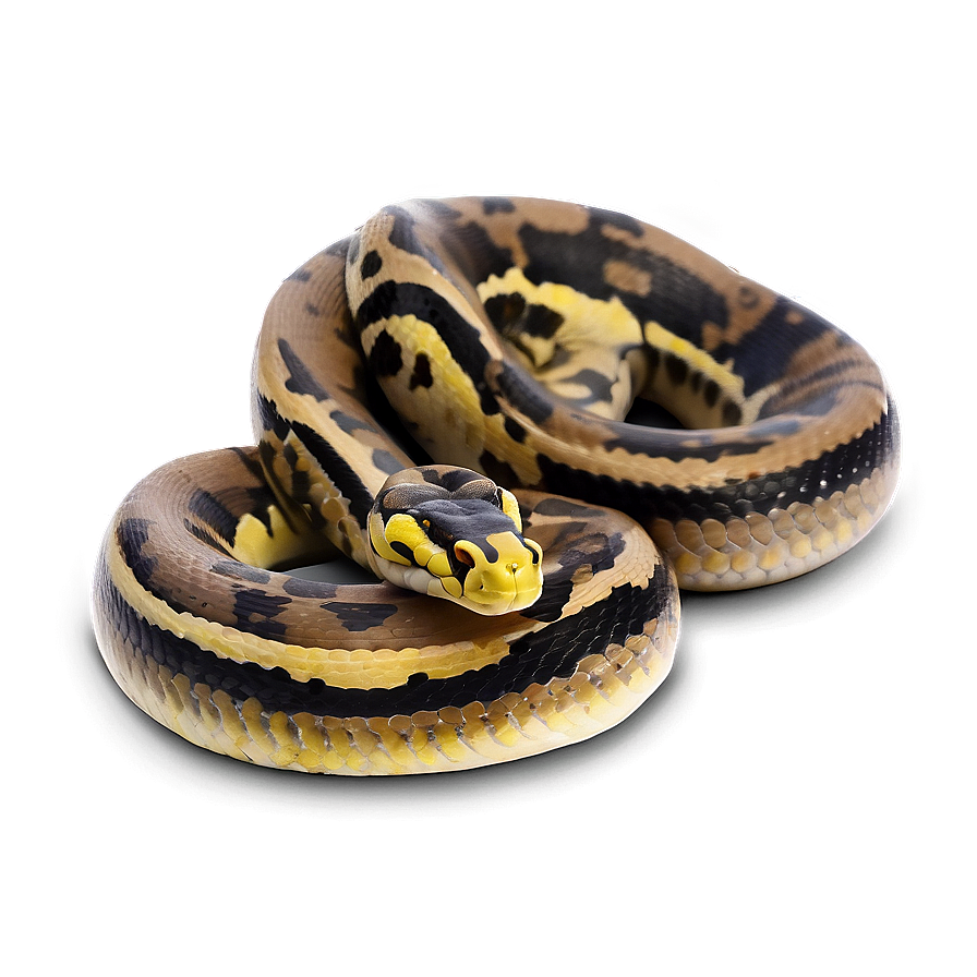 A coiled snake with yellow black and tan patterns glowing softly on a brown surface.