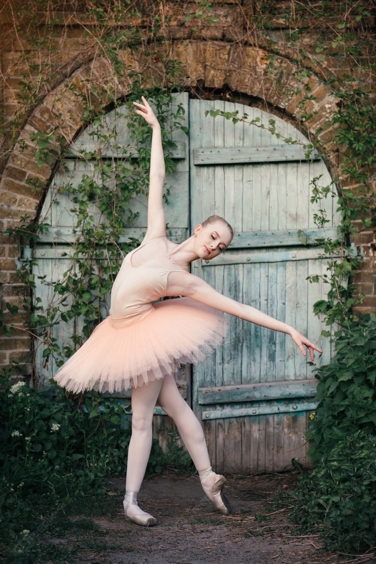 A graceful ballet dancer posing in a classical romantic costume.