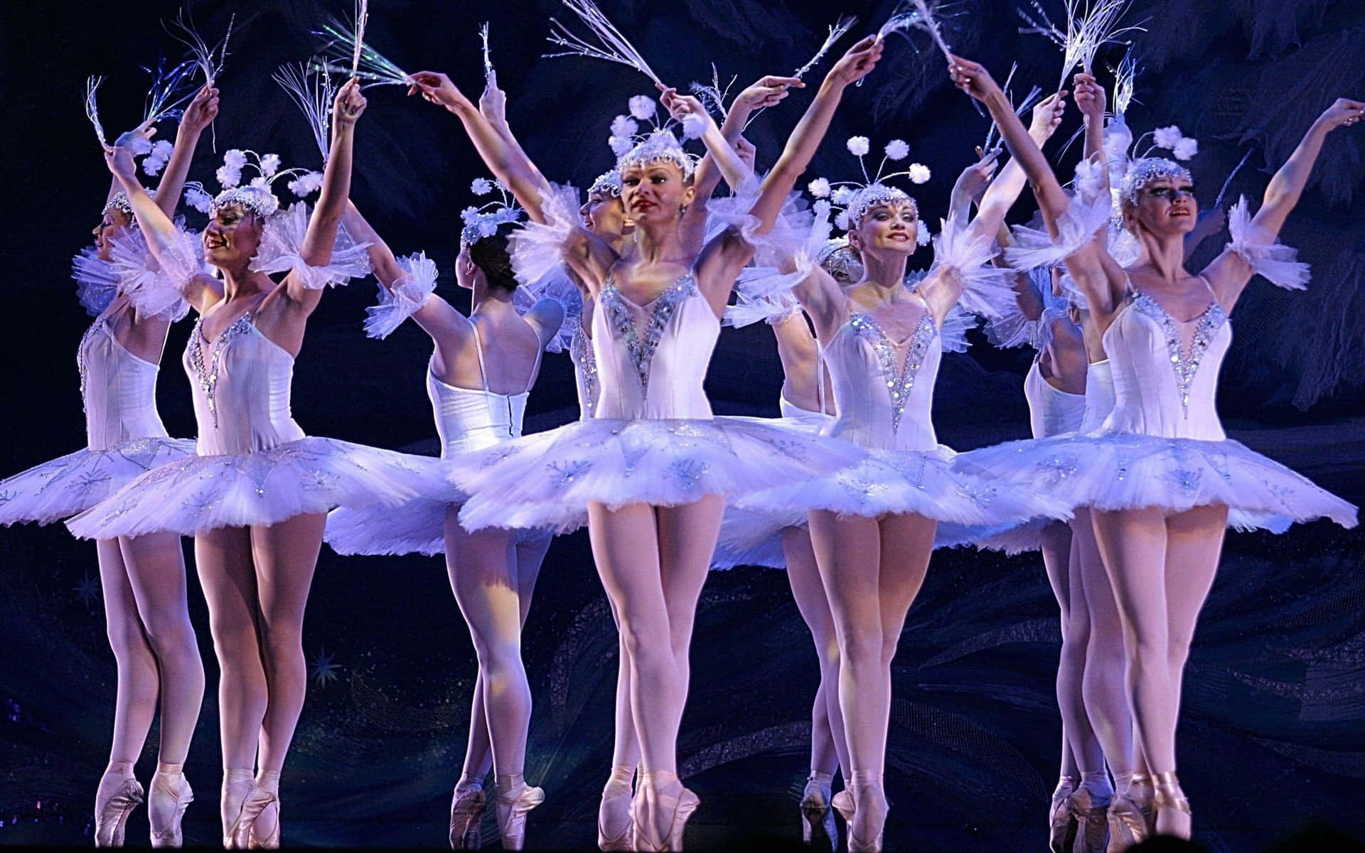 A graceful ballet dancer stands center stage.