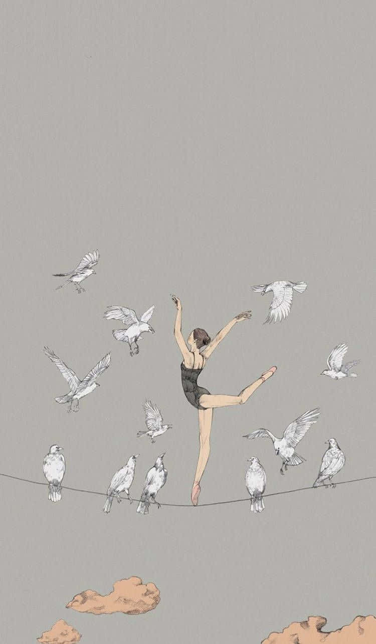 A Girl Is Dancing With Birds On A Wire