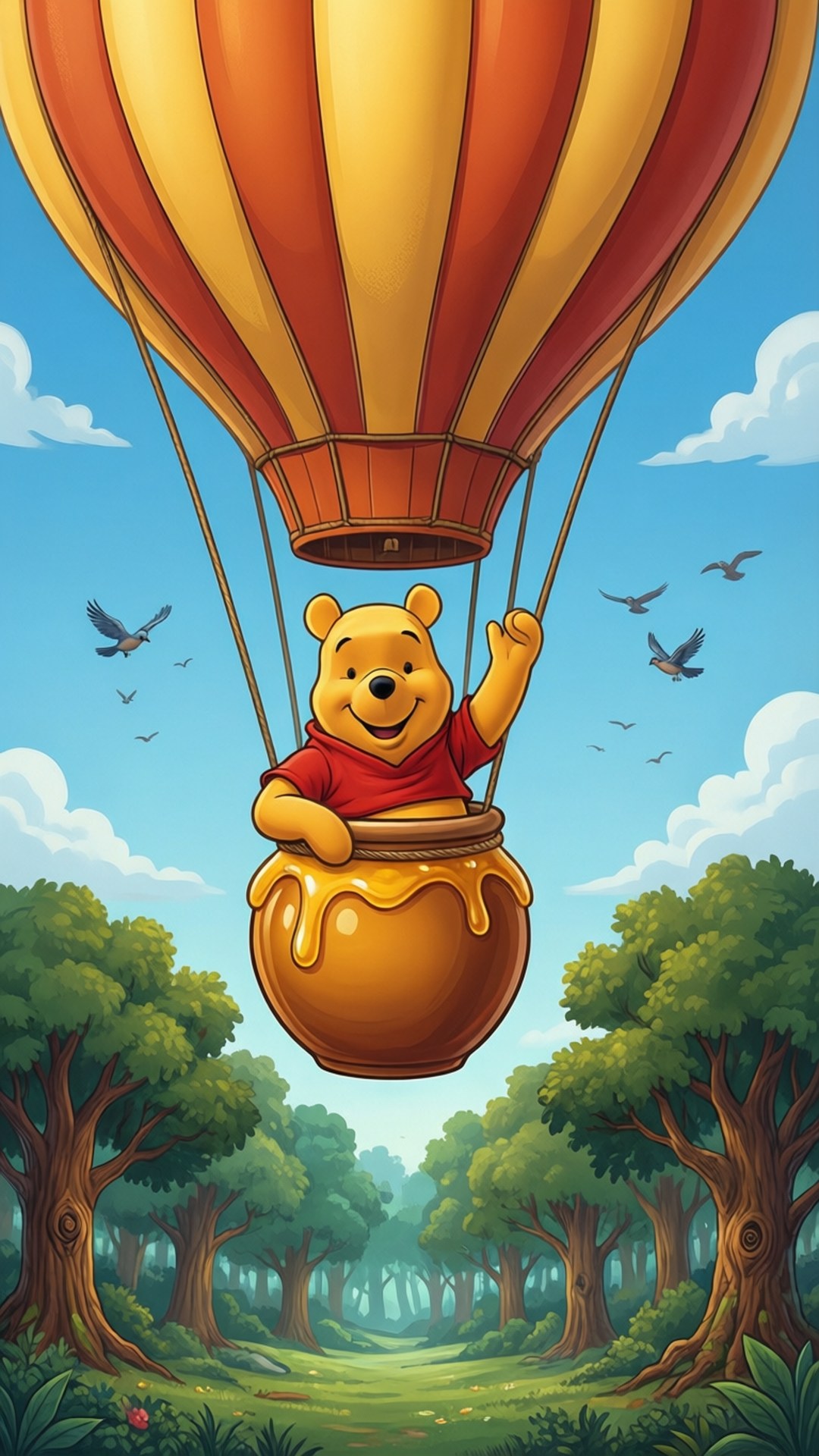 Balloon Adventure Wallpaper — Winnie the Pooh smiles joyfully in a honey-filled hot air balloon soaring over a lush green forest.