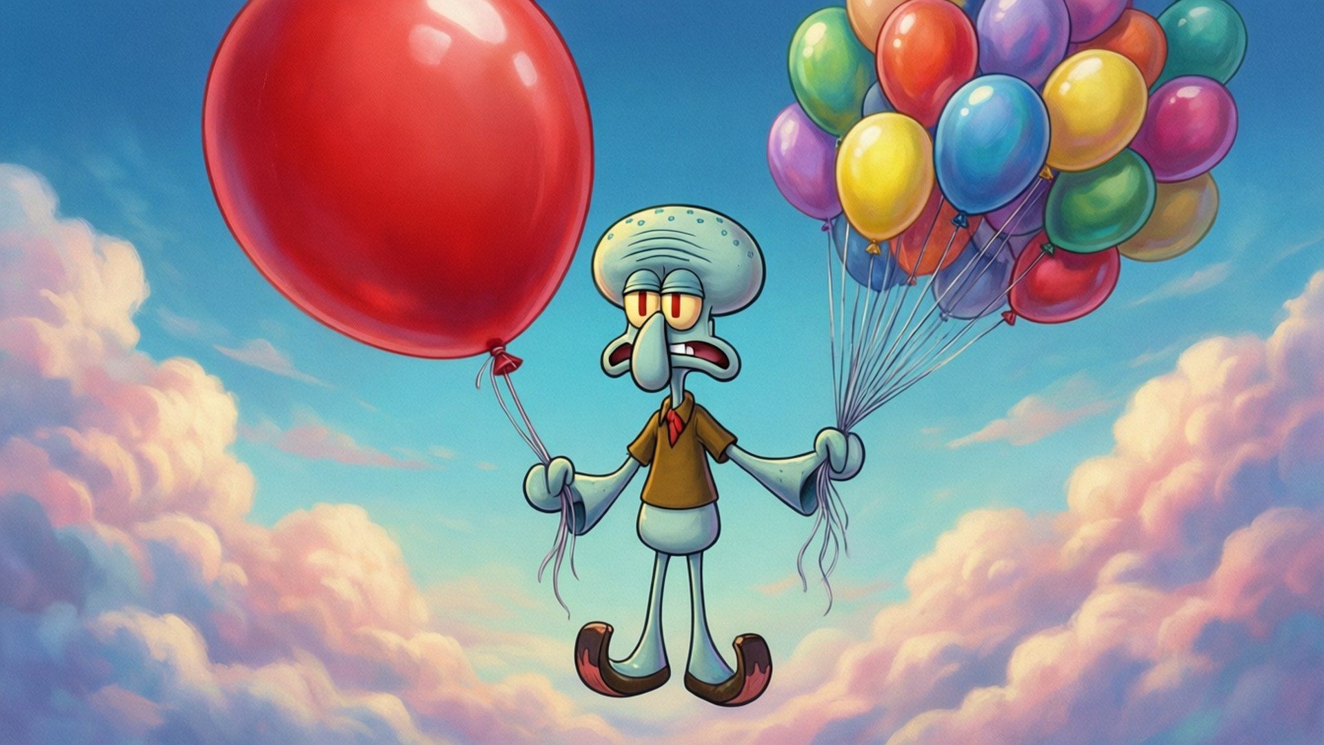 Oikukas Squidward leijuu ilmapallojen kanssa taivaalla
