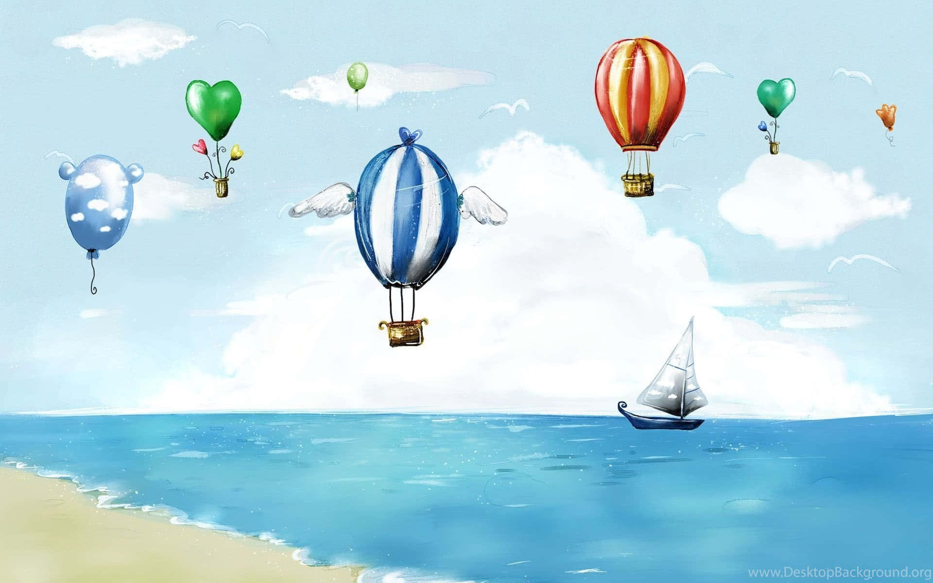 Hintergrundmit Ballons, Heißluftballons Über Dem Ozean Malen