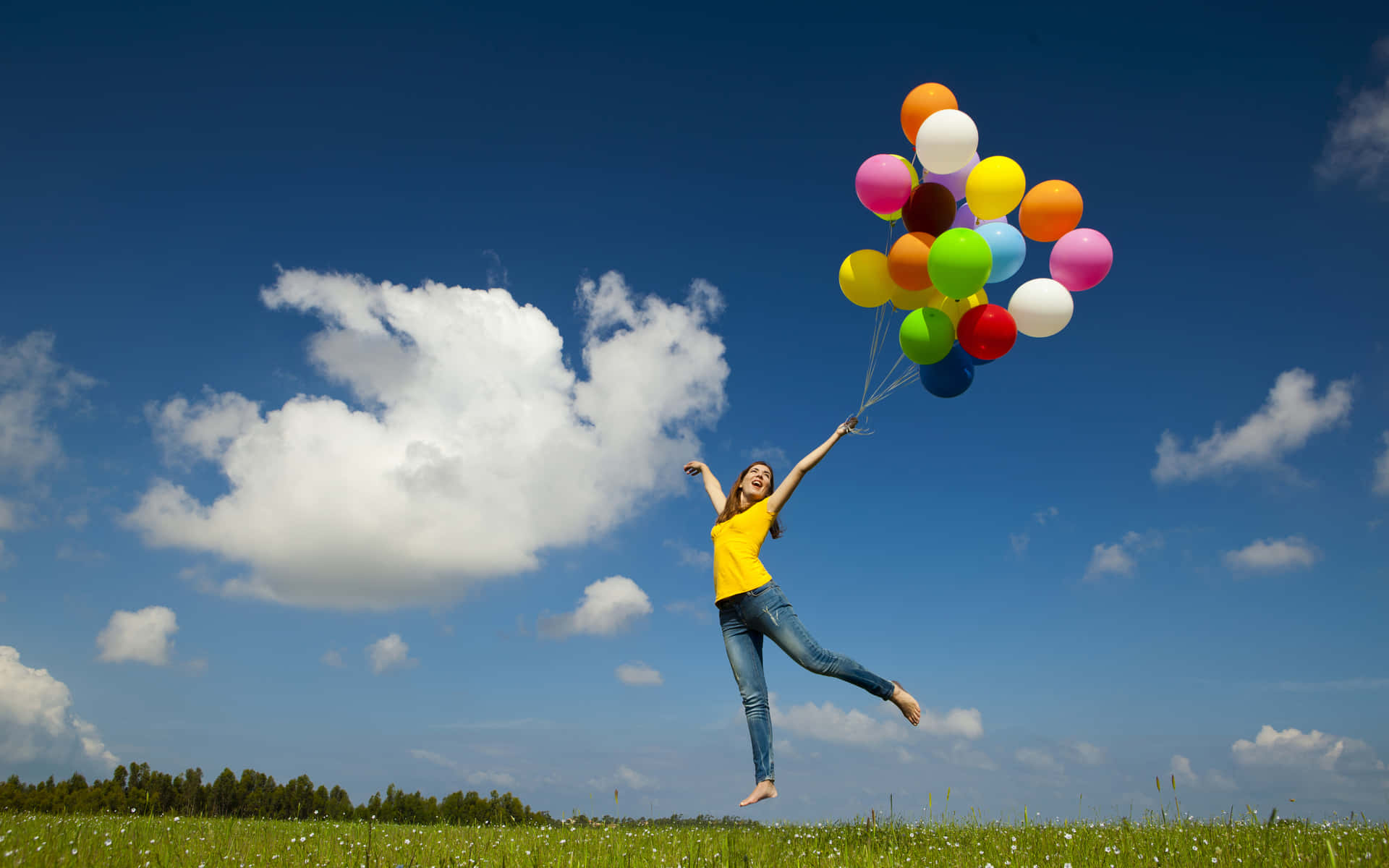 Balloons Background Jumping Lady With Stringed Balloons
